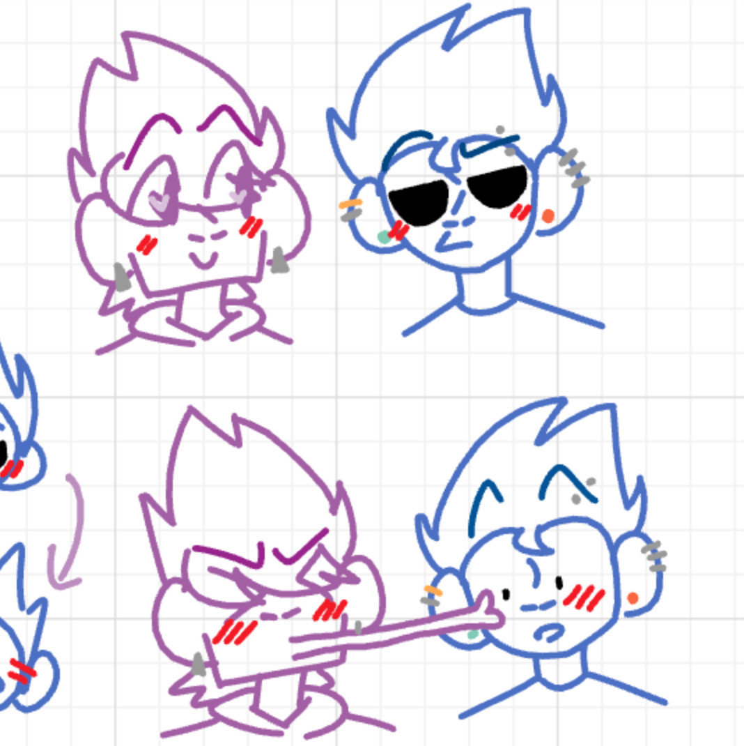 On the top left is Matt from Eddsworld, He is smiling happily while looking at Tom. Matt is drawn in purple and has hearts on his eyes. On the top right is Tom from Eddsworld. Tom has a confused expression, he is looking at Matt. Tom is drawn in blue.
On the bottom is Matt and Tom, again, with different facial expressions. Matt is kissing the side of the Tom's cheek. Tom is surprised while the Matt is happy. Matt has > and < for eyes while Tom's eyes are just dots.