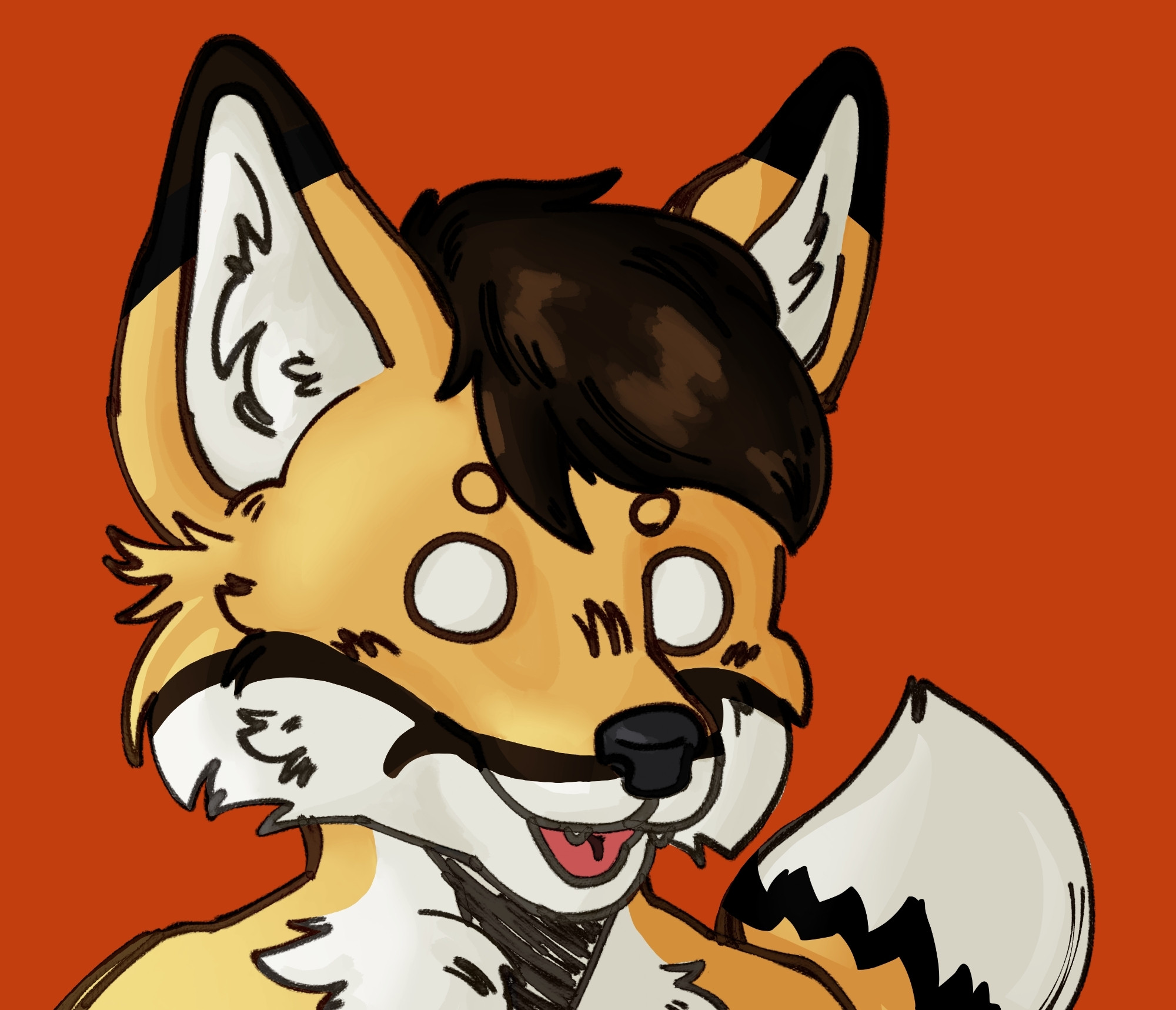 A messily rendered portrait of a fox furry looking derpy. The piece has light shading with a simple solid color red background