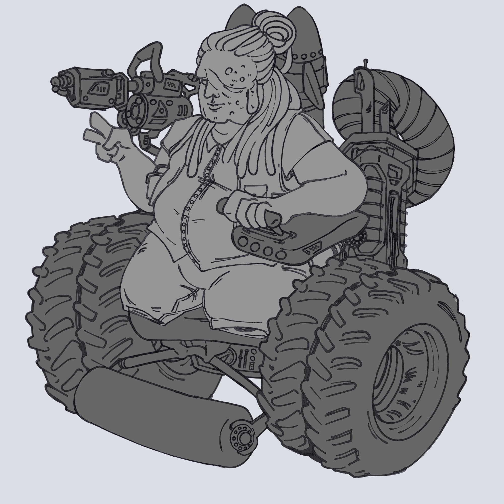 Lineart of a man with long dreads in a post apocalypse styled futuristic wheelchair. It has large all terrain wheels, a big battery pack with exhaust, two missiles, a large laser gun, and a steamroller attached to the front.