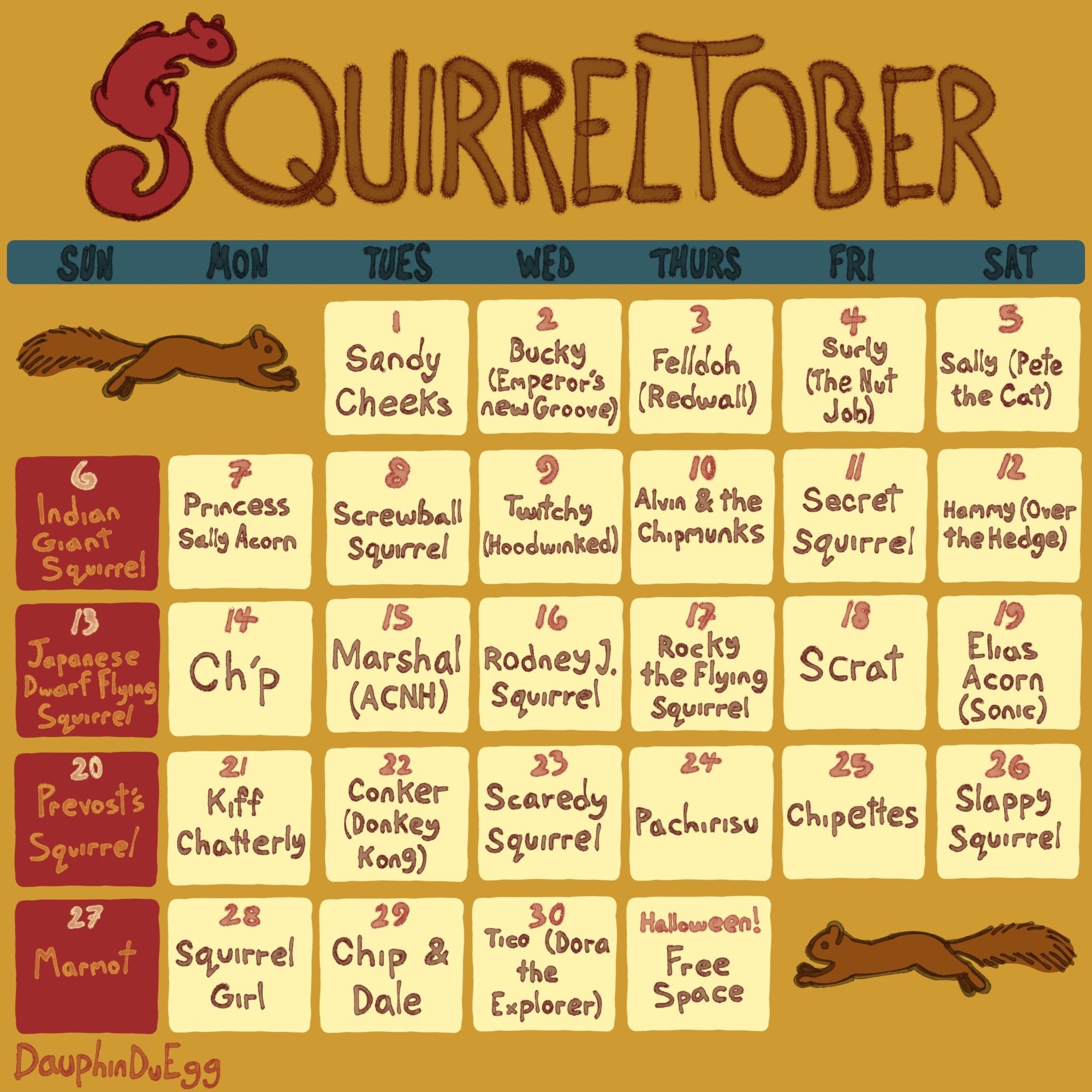 A SQUIRRELTOBER list of prompts inspired by the annual drawtober challenges. Each day is a different squirrel character, except Sundays which instead are squirrel species. The prompts in order:

1, Sandy Cheeks
2, Bucky (Emperor's new Groove)
3, Felldoh (Redwall)
4, Surly (The Nut Job)
5, Sally (Pete the Cat)
6, Indian Giant Squirrel*
7, Princess Sally Acorn (Sonic)
8, Screwball Squirrel
9, Twitchy (Hoodwinked)
10, Alvin & the Chipmunks
11, Secret Squirrel
12, Hammy (Over the Hedge)
13, Japanese Dwarf Flying Squirrel*
14, Ch'p (Green Lantern)
15, Marshal (Animal Crossing)
16, Rodney J. Squirrel 
17, Rocky the Flying Squirrel 
18, Scrat
19, Elias Acorn (Sonic)
20, Prevost's Squirrel*
21, Kiff Chipperly
22, Conker (Donkey Kong)
23, Scaredy Squirrel 
24, Pachirisu 
25, Chipettes
26, Slappy Squirrel (Animaniacs)
27, Marmot*
28, Squirrel Girl
29, Chip & Dale
30, Tico (Dora the Explorer)
31, Halloween! Free Space