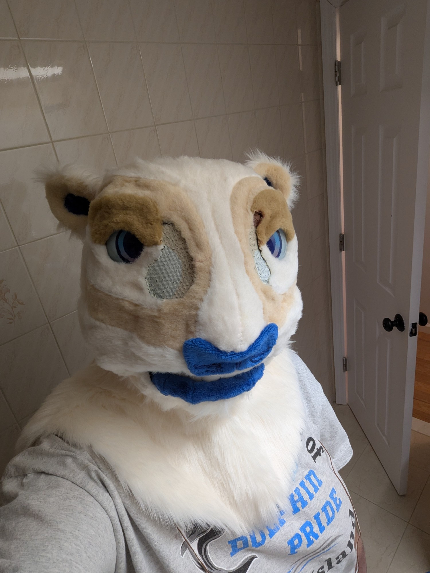 A selfie of me in a realistic squirrel fursuit head. The fursuit has glass eyes with vision through painted mesh. It's white with brown stripes, and the ears nose and lips are a deep blue. There is a new white neck as well