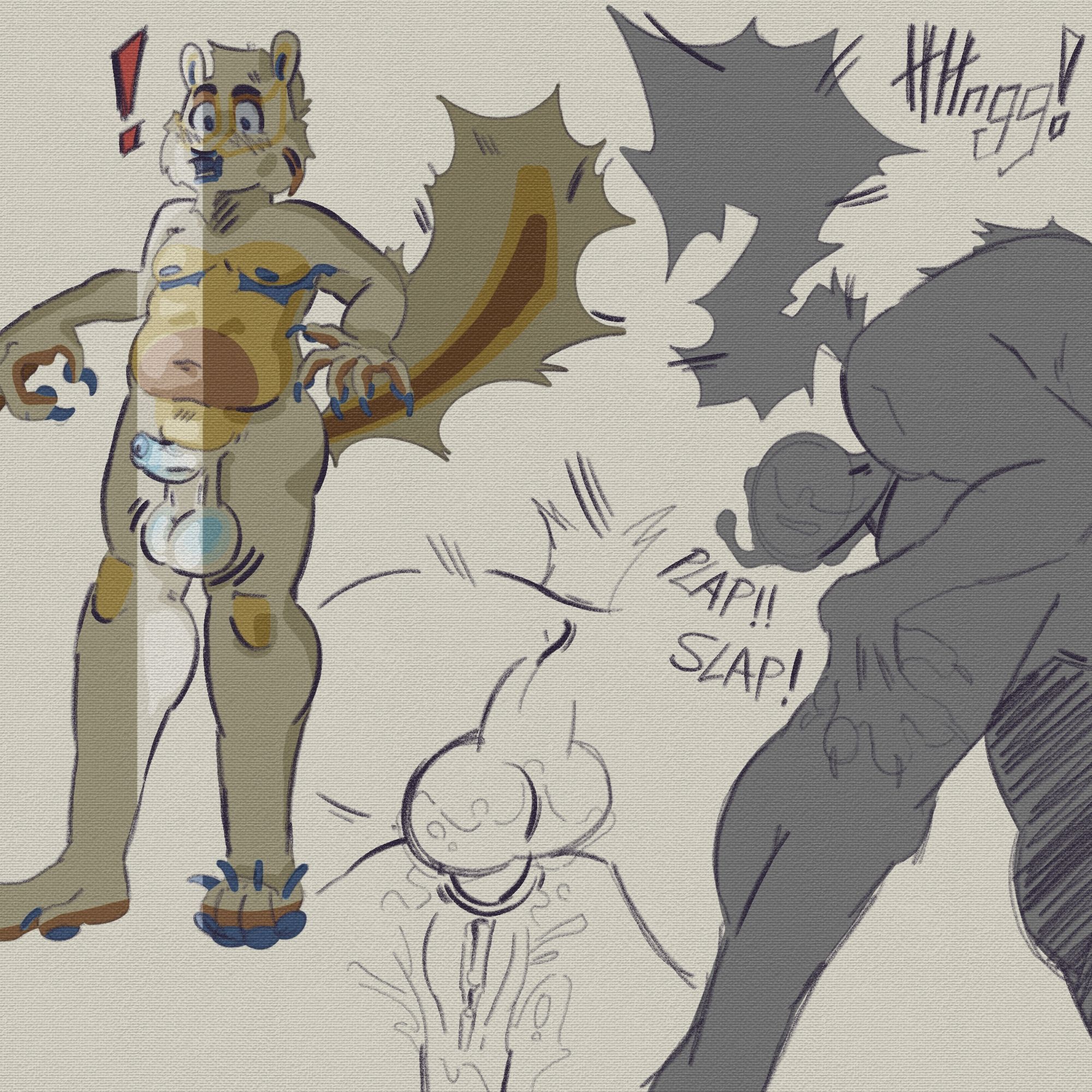 A sketch page, featuring a squirrel furry being walked in on with his hard dick out. Then he is perched atop a much larger figure who he's fucking. Finally there's a closeup view of the squirrel furry balls deep and the figure's soaking wet pussy