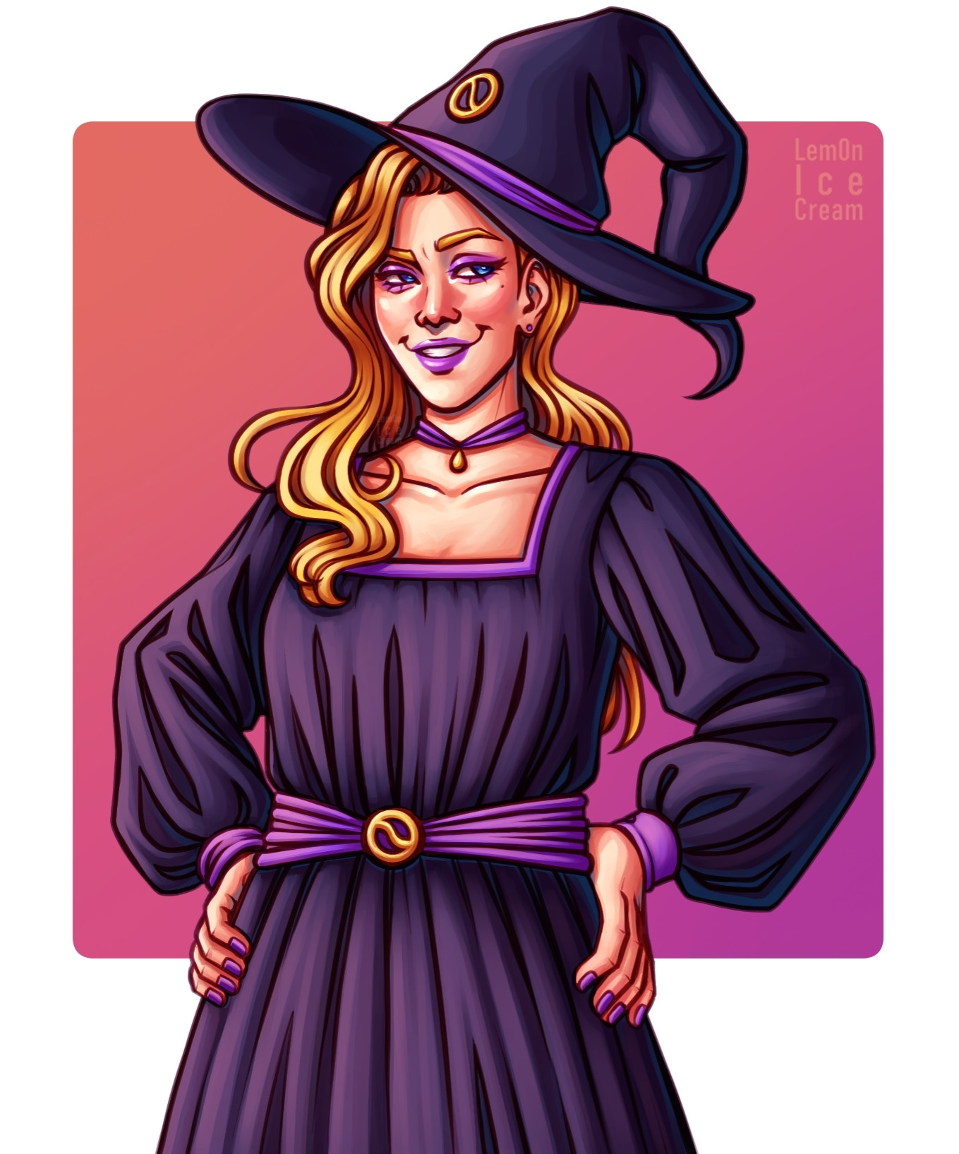 A digital illustration of Camilla from SDVE. She has long blonde hair and is wearing a purple witches hat and dress. She is smiling with her eyebrows raised towards looking off screen.