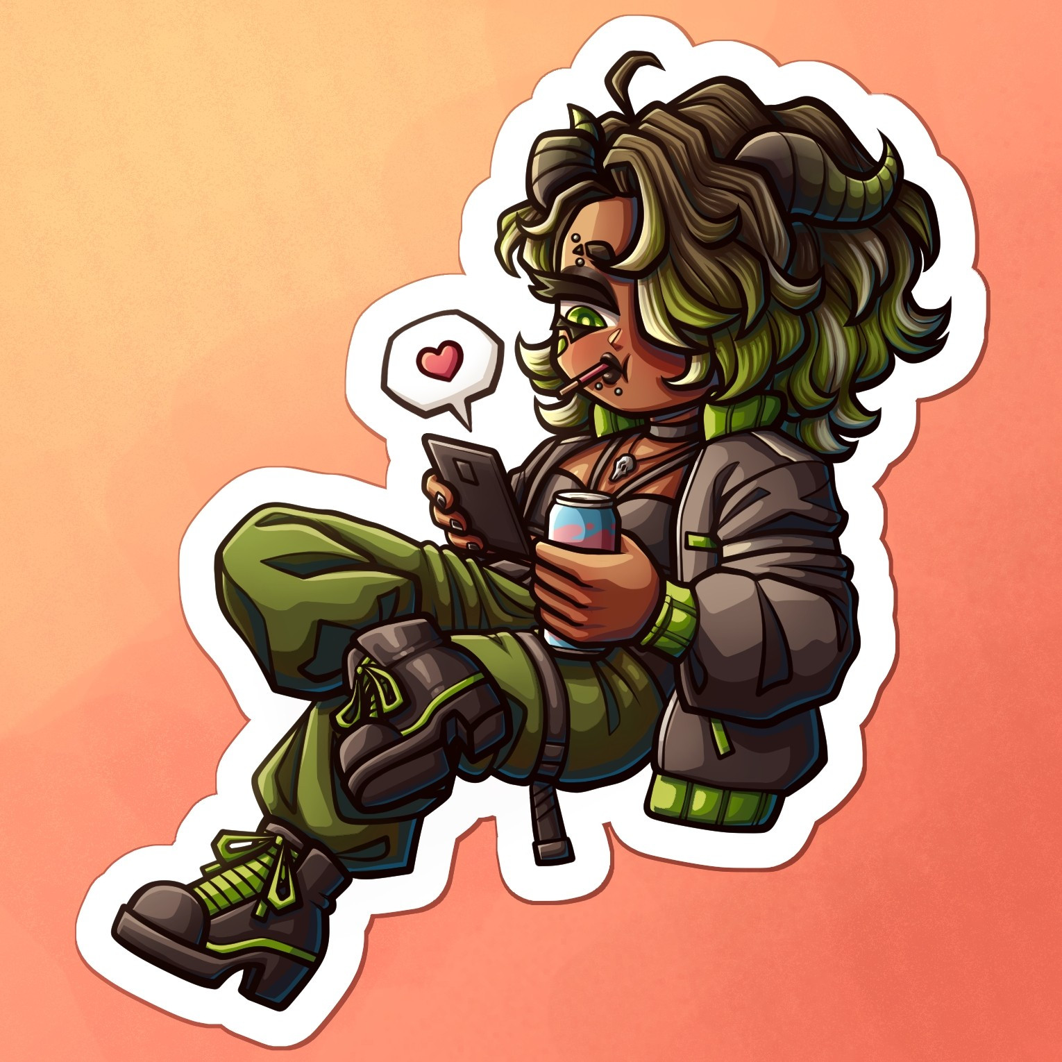 A chibi illustration of my OC Teragi. They have green and black hair, tan skin, and are wearing streetwear fashion. They are holding a drink can and texting on their phone.