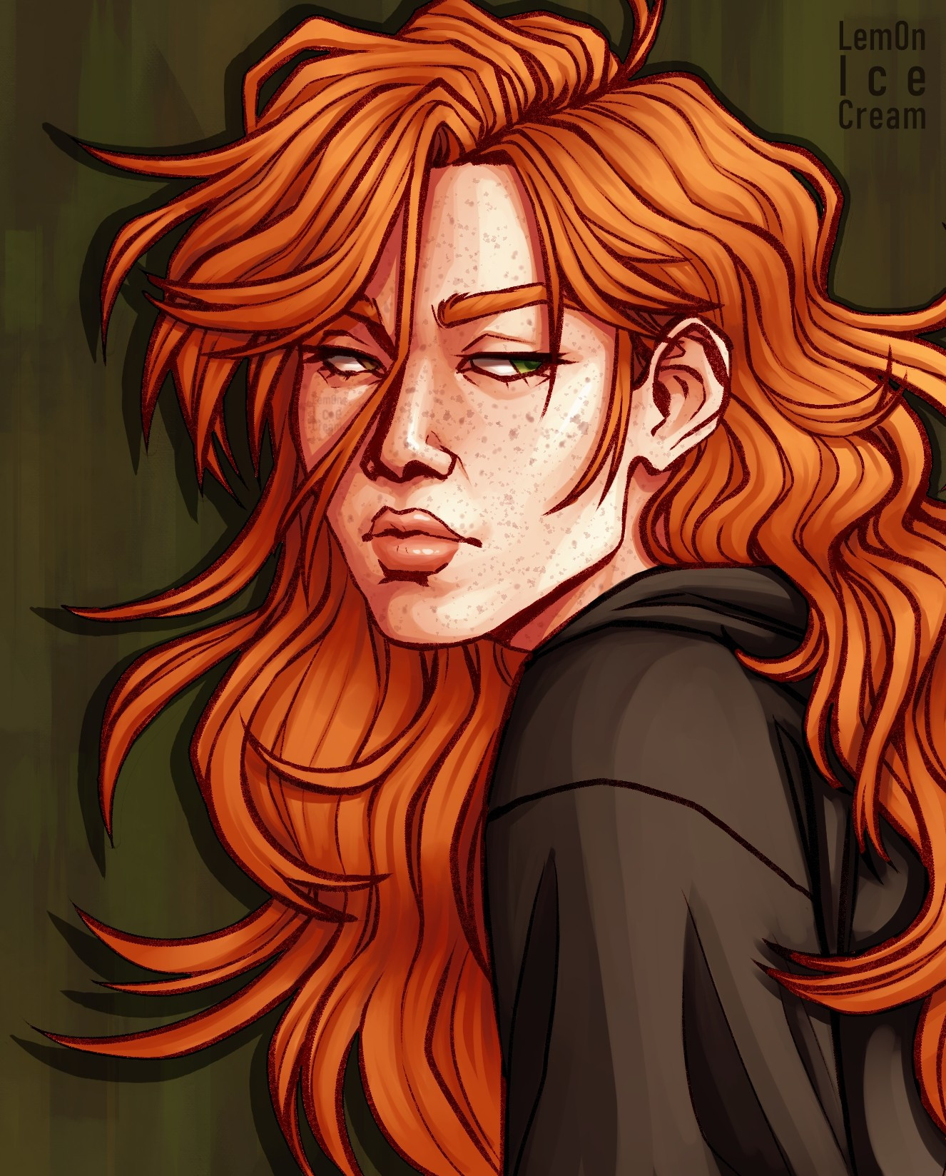 A portrait illustration of my OC Eliah. He has is looking at the camera at a 3/4 angle. He has pale skin, freckles, and long orange hair. He is wearing a dark grey hoodie.