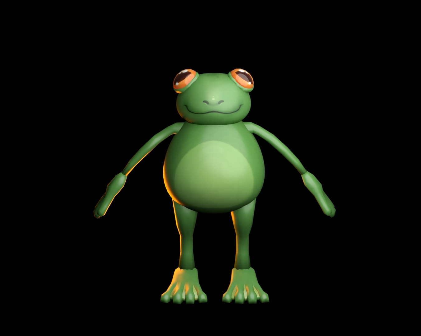 A low poly 3D model of a green frog with orange eyes, standing in an A pose while smiling.