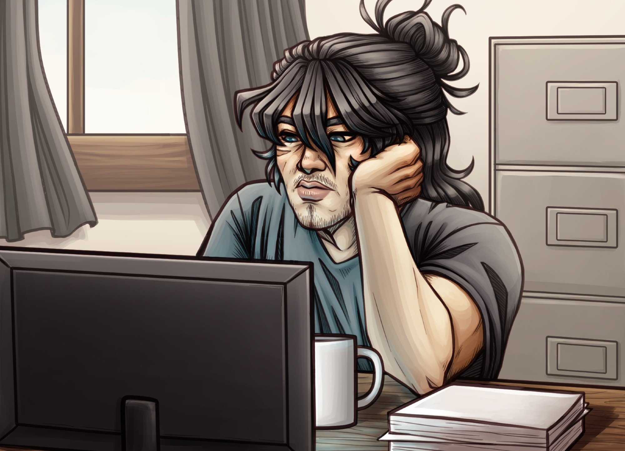 A digital illustration of Aizawa Shouta sitting at a desk with a cup of coffee and a stack of papers in front of him. He is leaning on one hand looking at a computer monitor.