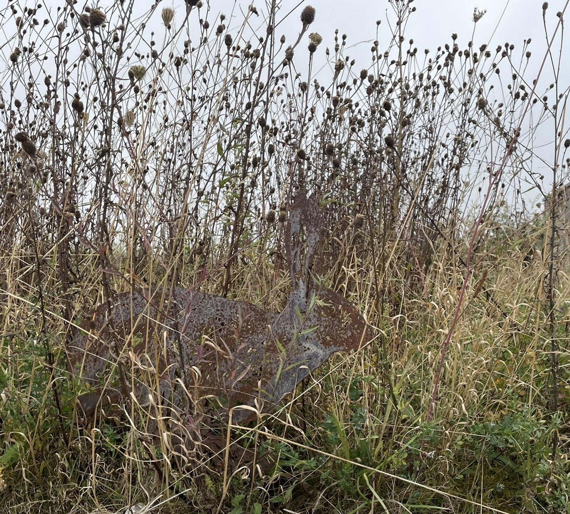 outdoor metal sculpture of a hare