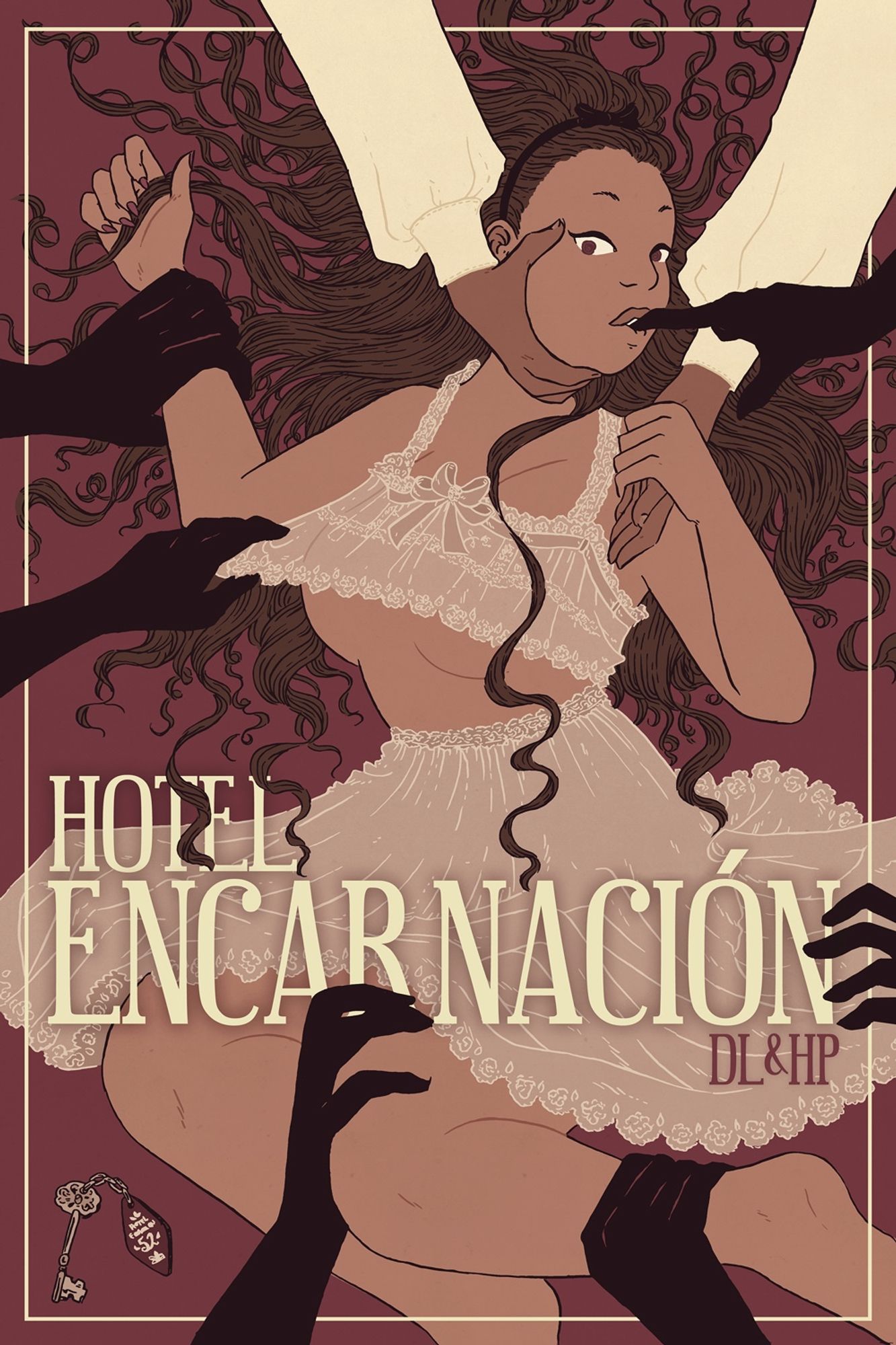 Hotel Encarnacion cover art - a woman in her nightgown has mysterious hands all around her.