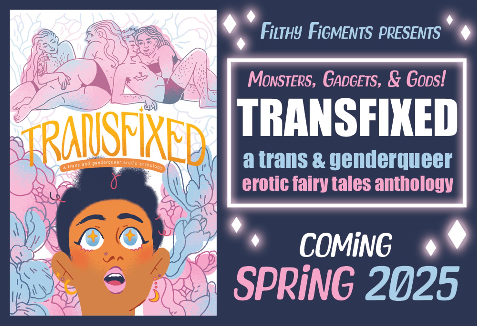 Transfixed anthology cover - Character looking up, transfixed, at all the beautiful bodies above.