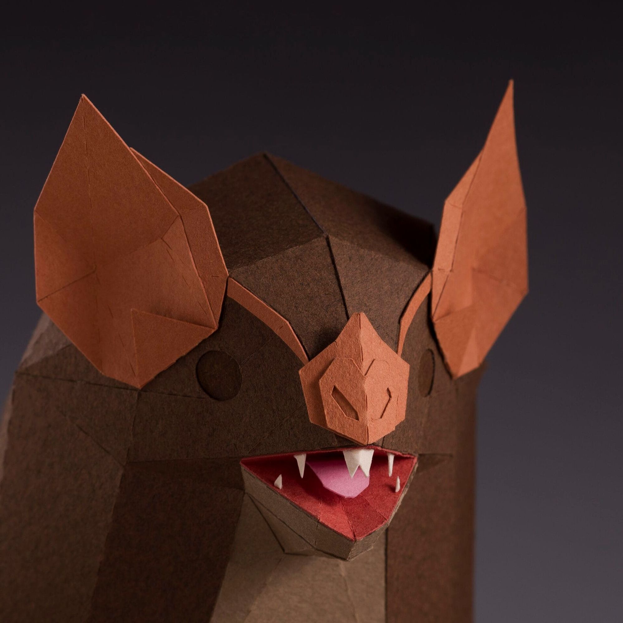 The head of a Desmodus rotundus bat, folded from paper.