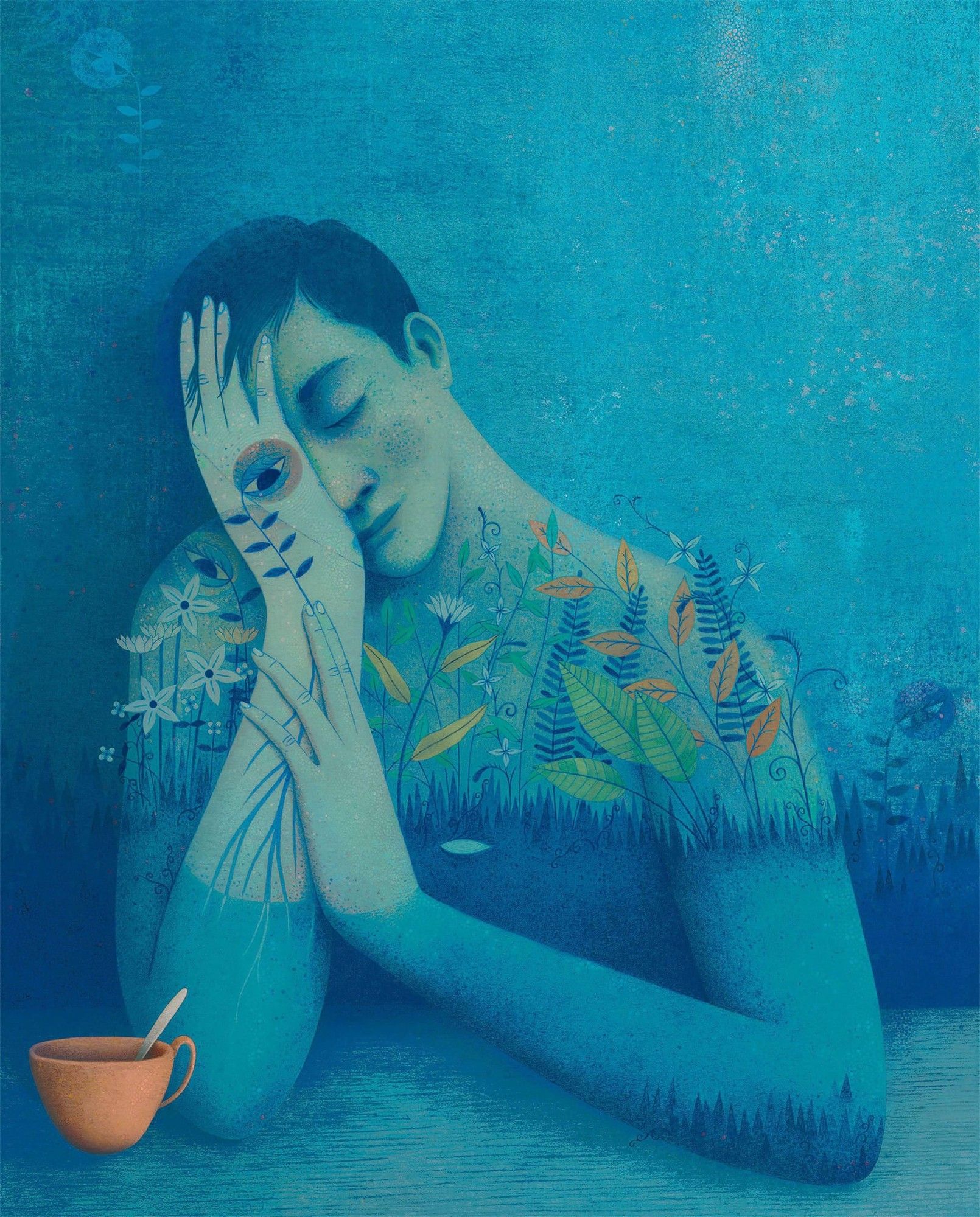 a blue-tinted portrait of a figure resting their head onto their hand, which has an open eye on its side