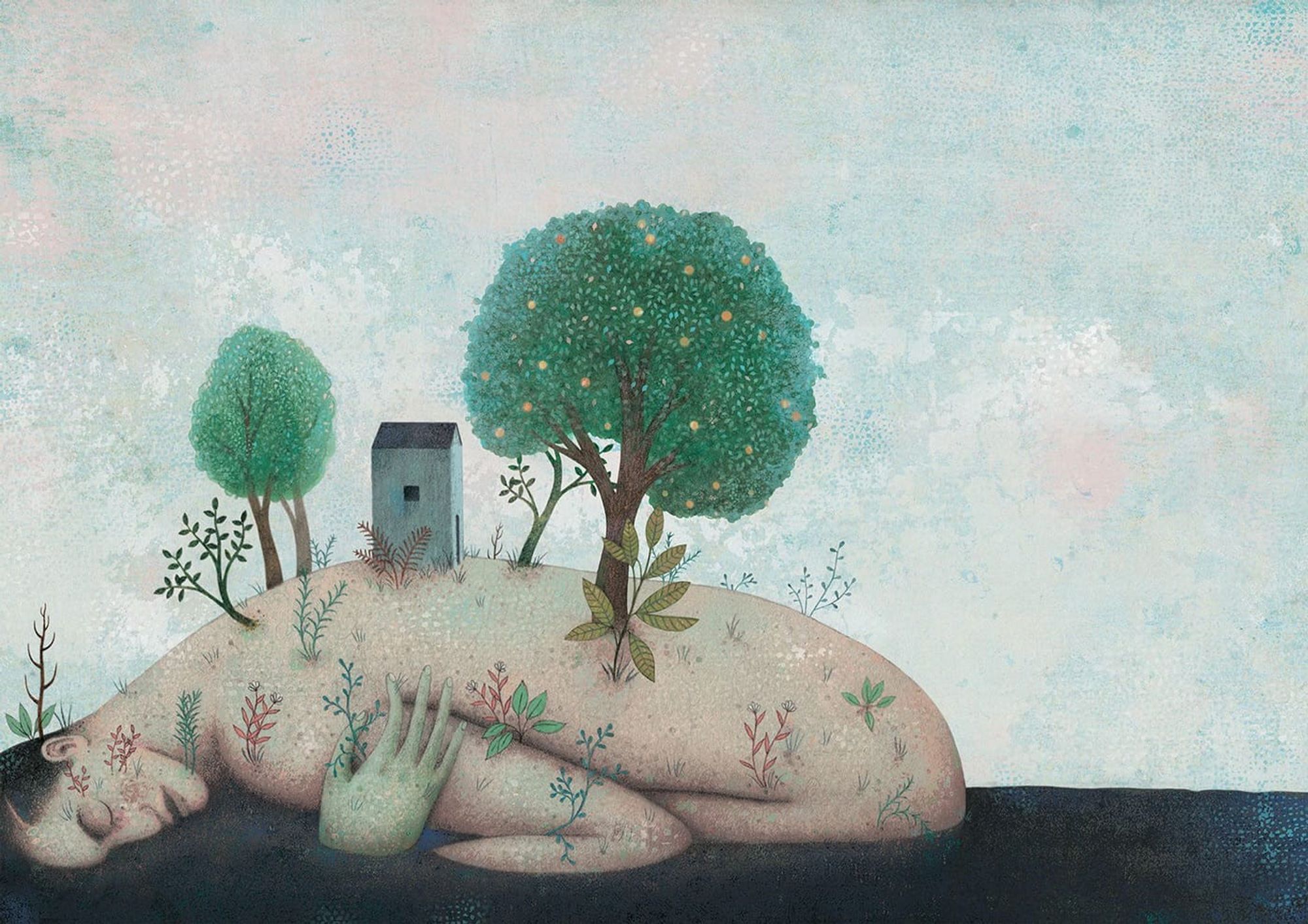 an illustration of a nude man slumped over with trees and a house growing from his back