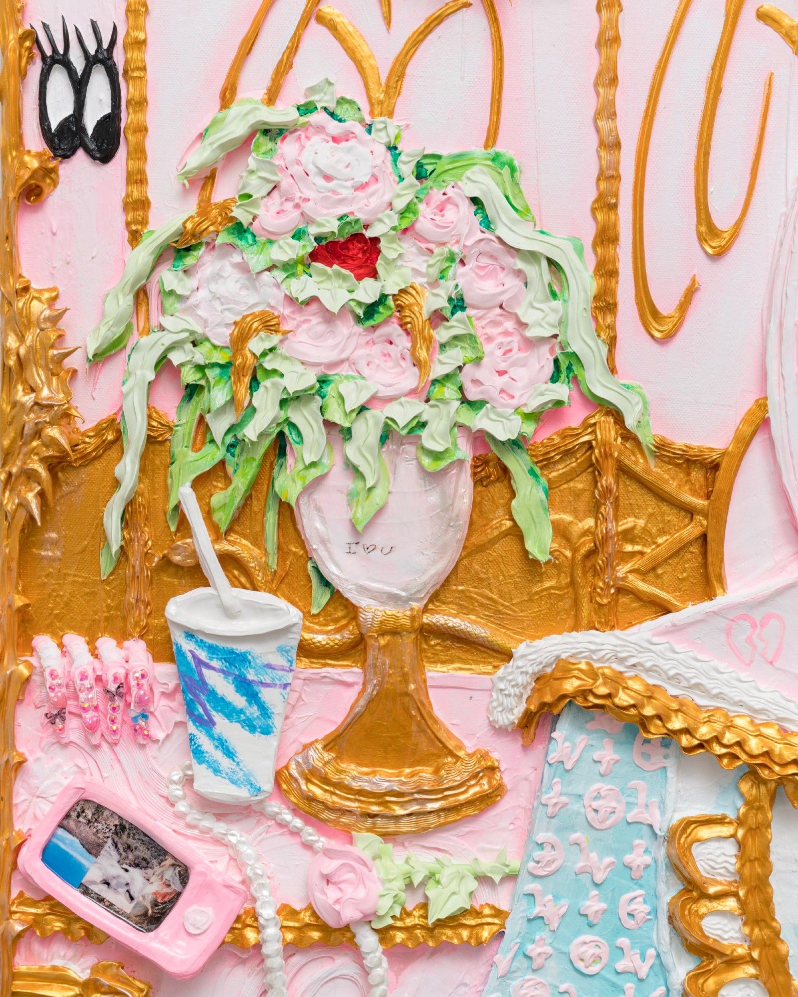 a detail of acrylic painting focused on a vase of flowers and a cell phone, made by piping the paint through a pastry bag like frosting