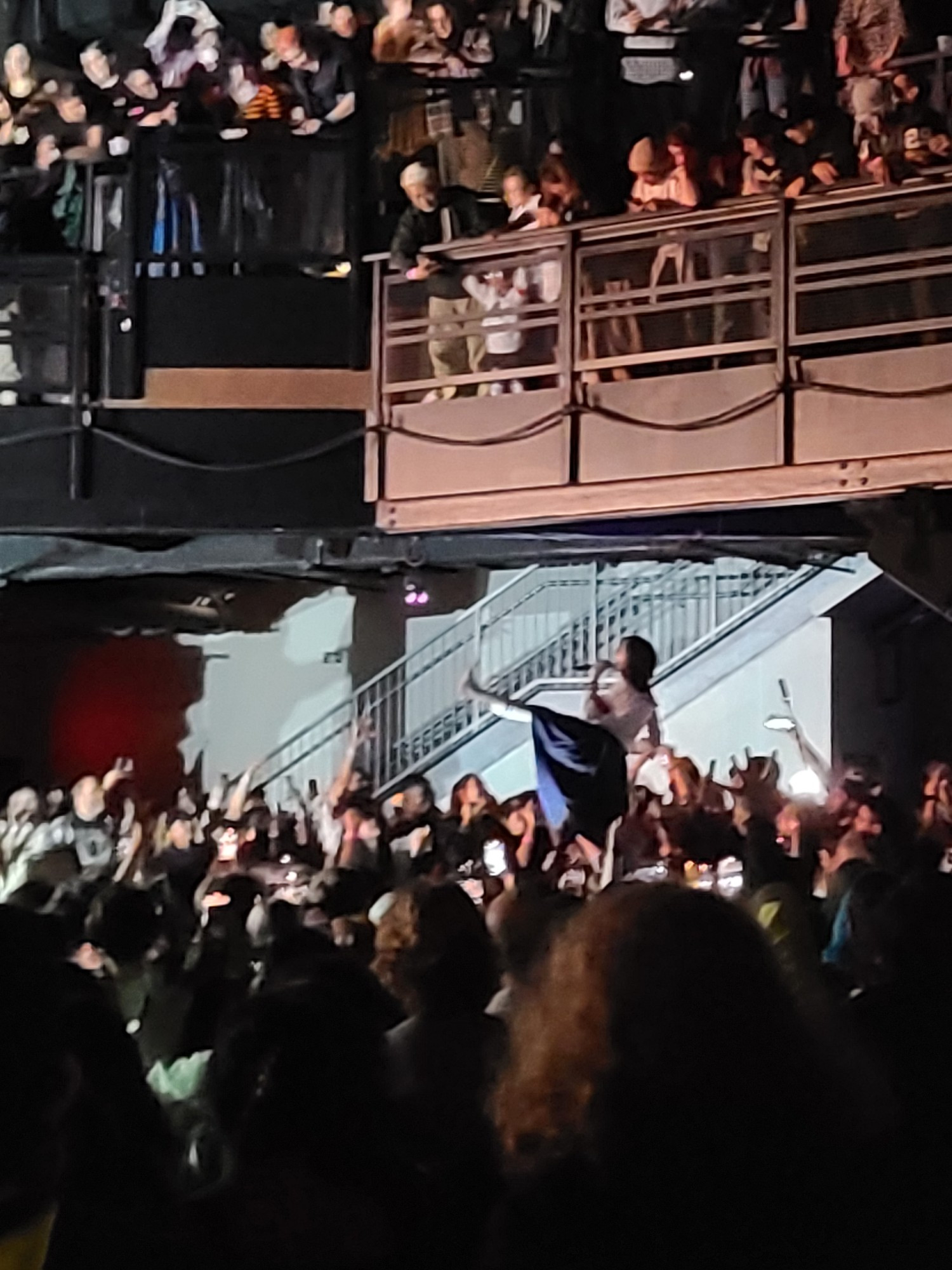 Atarashii Gakko singer Suzuka in the crowd at a concert. She is standing on a rail surrounded by people with their hands raised.