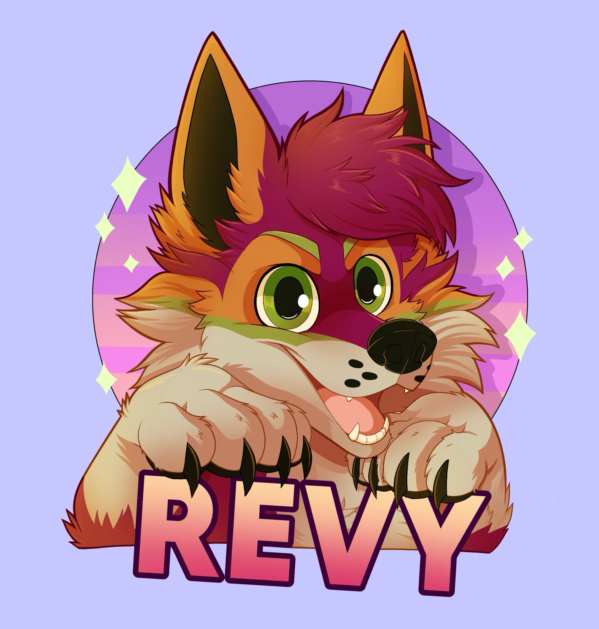 Furry badge commission with the name “REVY”