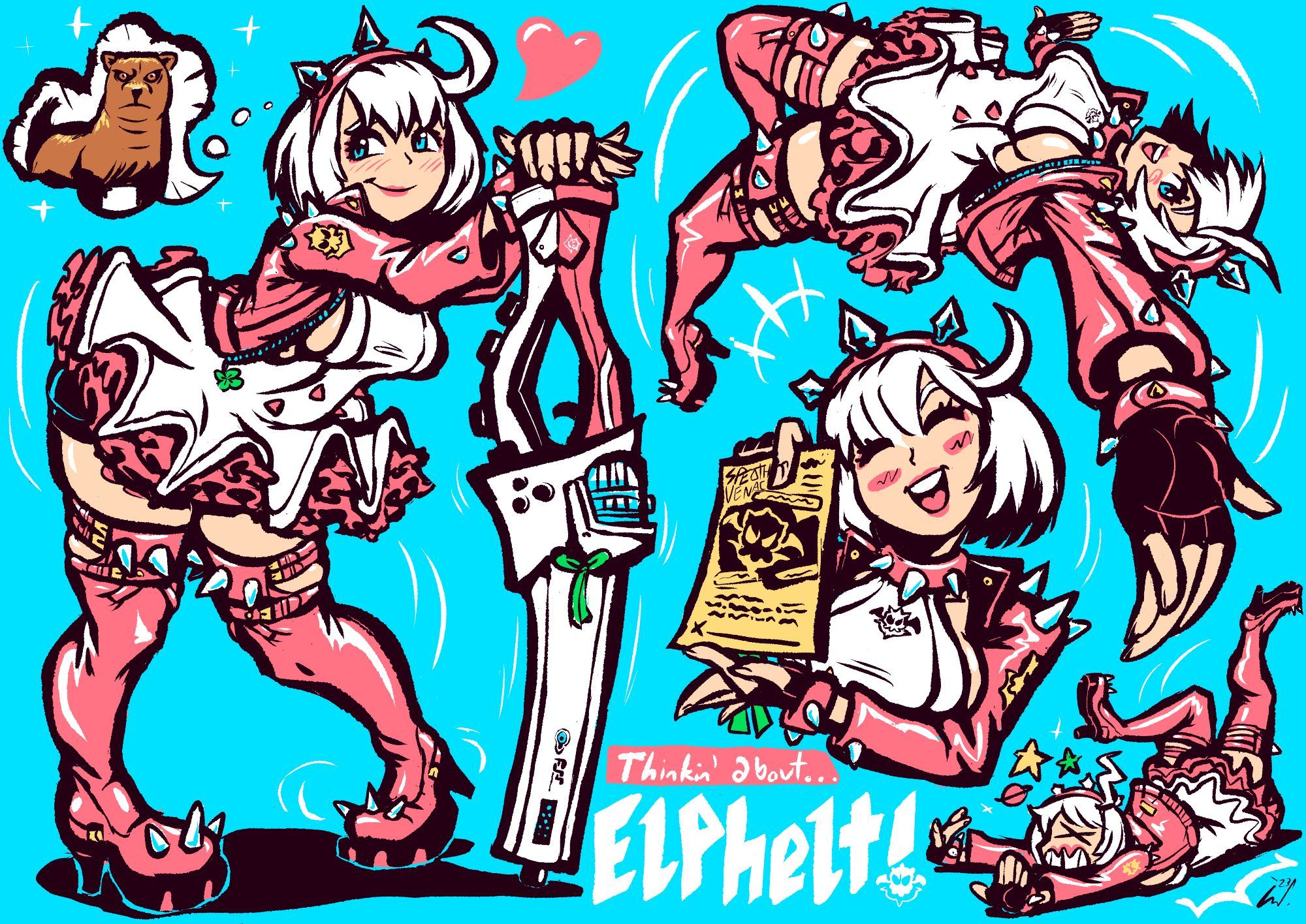 4 sketchy doodles of Guilty Gear's Elphelt Valentine, specifically in her latest Strive outfit. There's a bush dog there as well, why not?