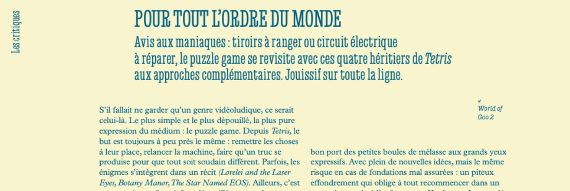 Page jeu vidéo des Inrocks d'octobre avec comme titre "Pour tout l'ordre du monde".