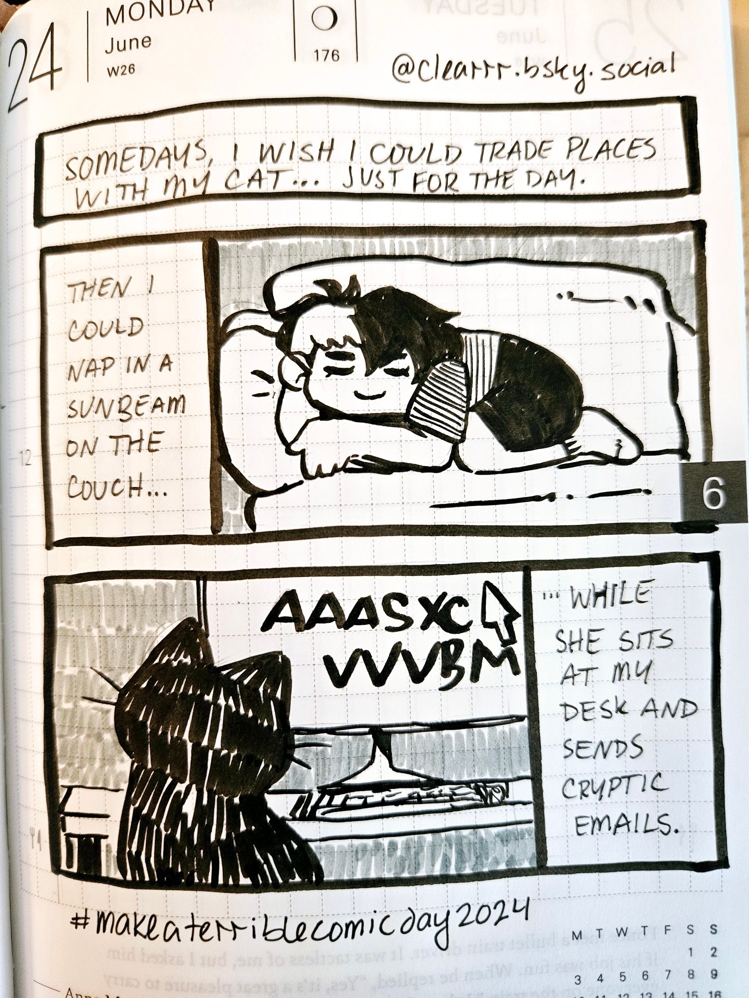 Panel 1: "Somedays I wish I could trade places with my cat... just for the day."
Panel 2: Me sleeping on couch. "Then I could nap in a sunbeam on the couch..."
Panel 3: Cat in front of a computer screen. "...While she sits at my desk and sends cryptic emails."