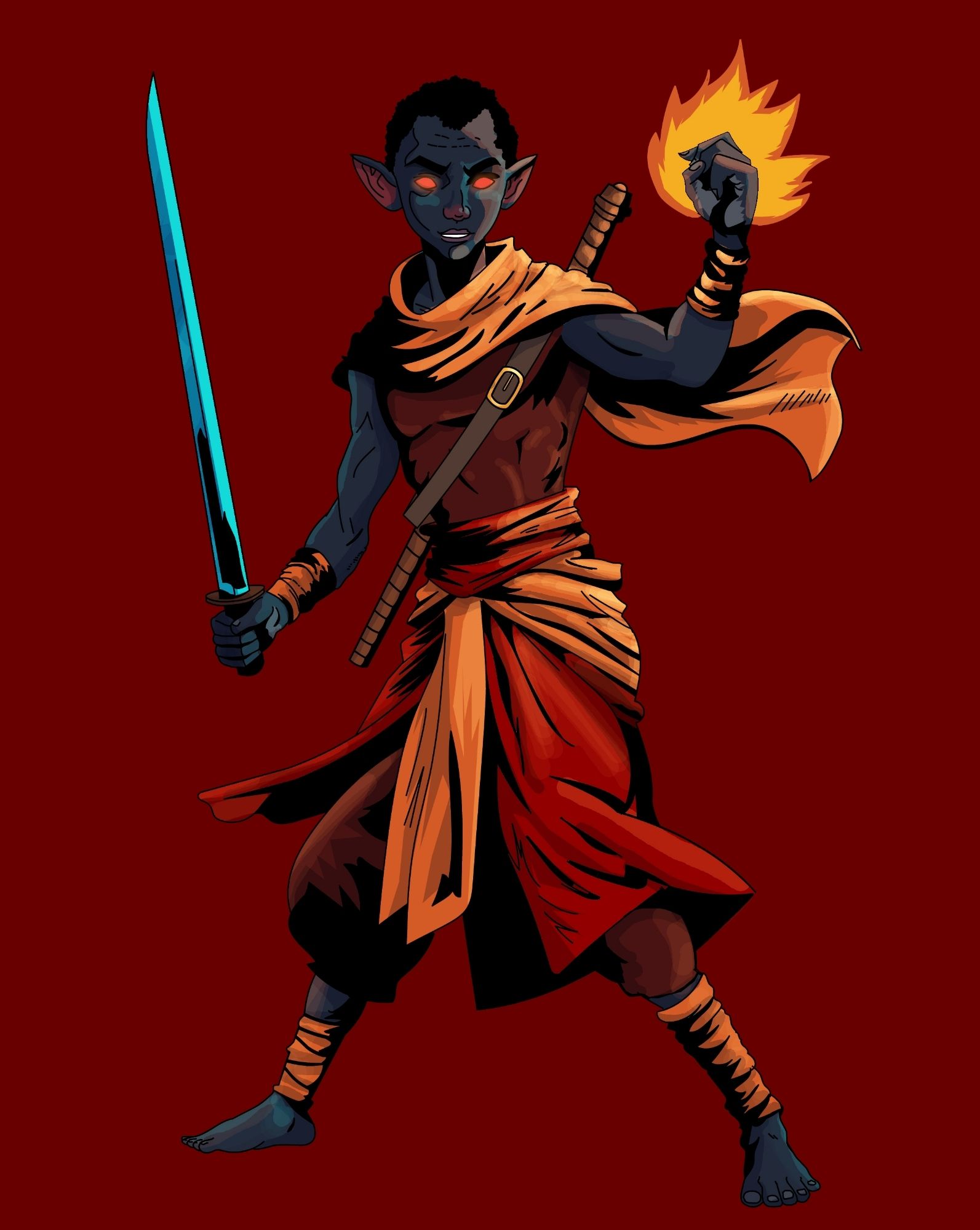 Character art of a dark elf with charcoal colored skin and black hair. He wears poofy pants and kung-fu style robes.
His clothing is primarily reds with orange highlights. 
He holds a sword in one hand and is producing flame in the other

In one