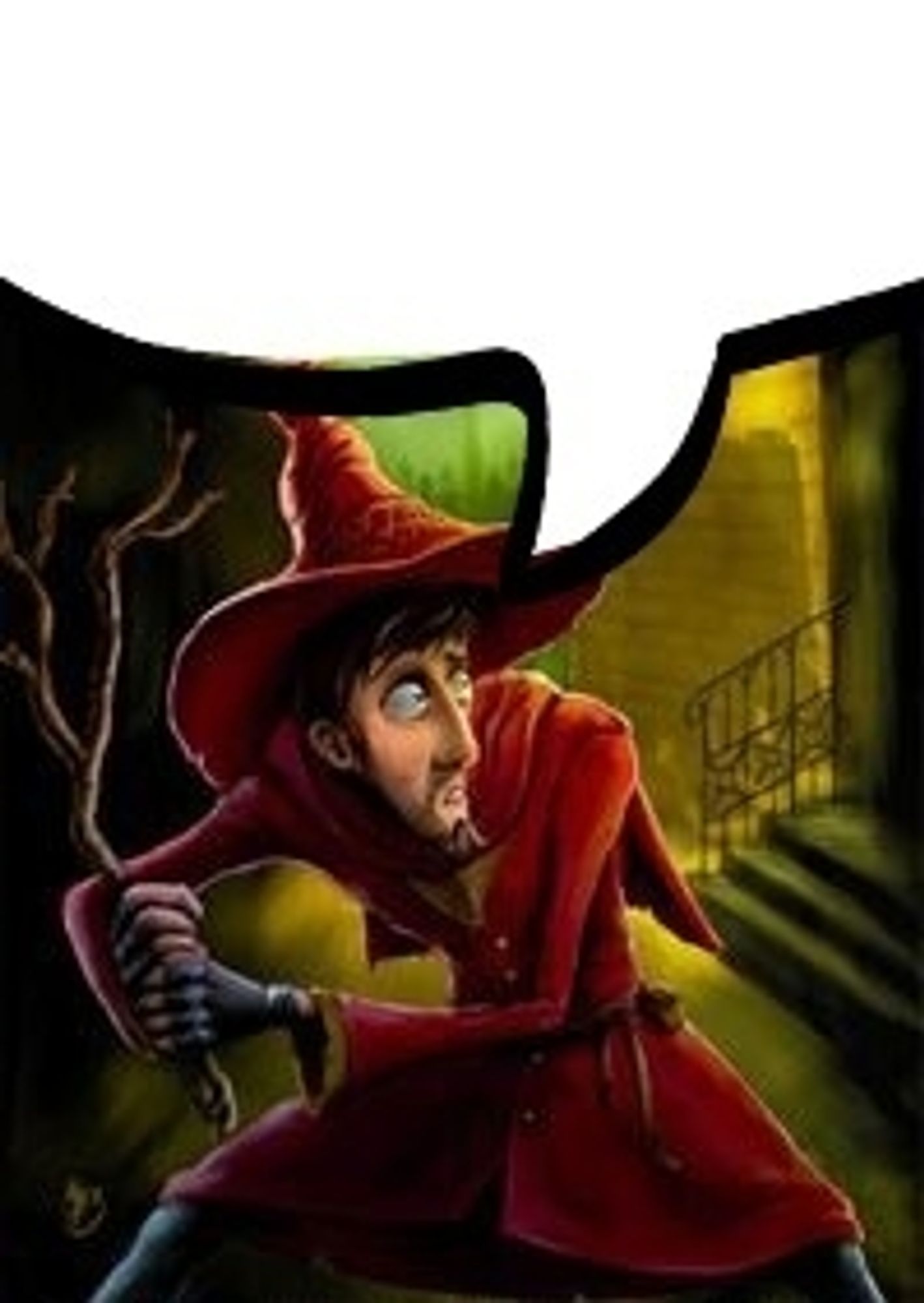 Illustration of Rincewind from Discworld with a word balloon going up to the top of the image