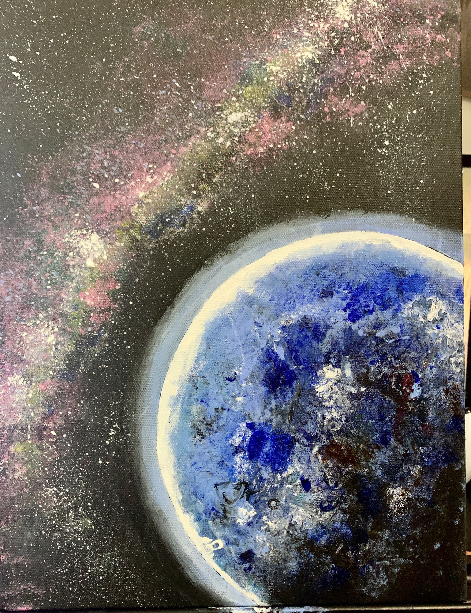 Acrylic painting on canvas of planet and galaxy.