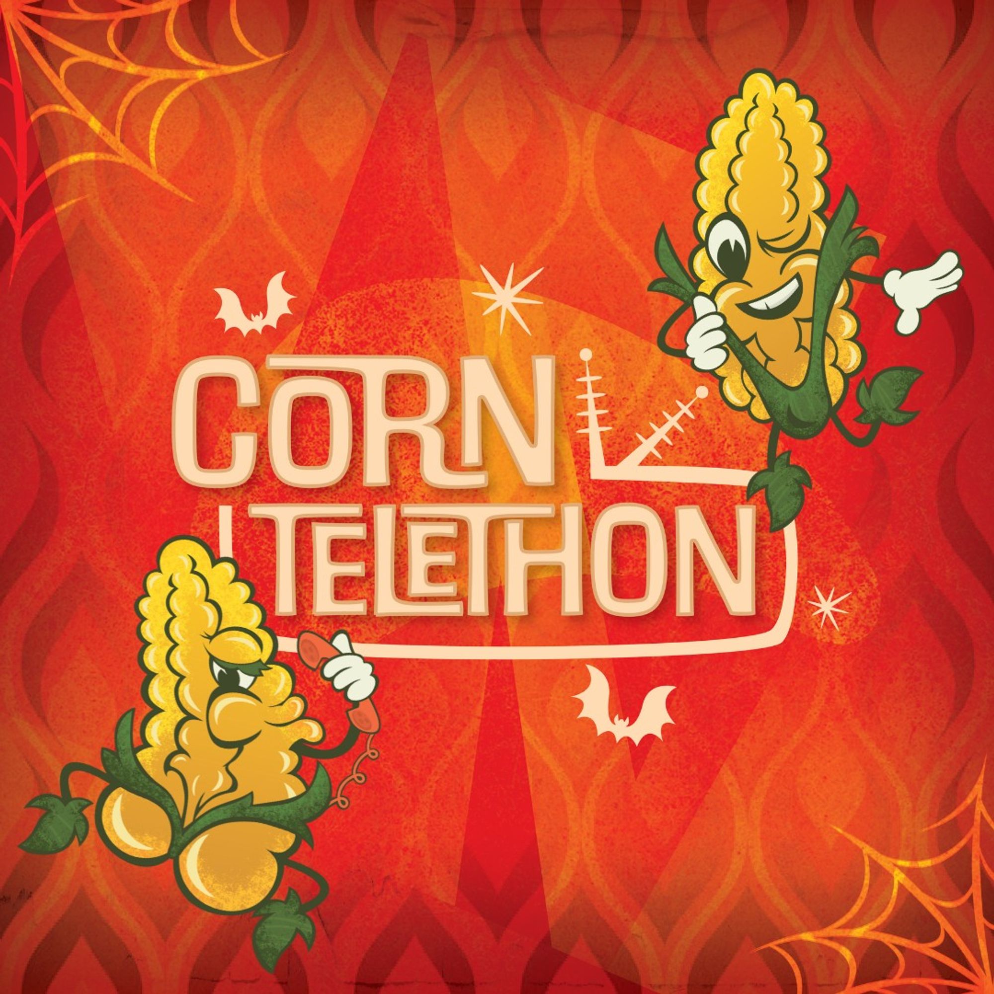 Two kinda cartoonishly sultry ears of corn surround the words CORN TELETHON