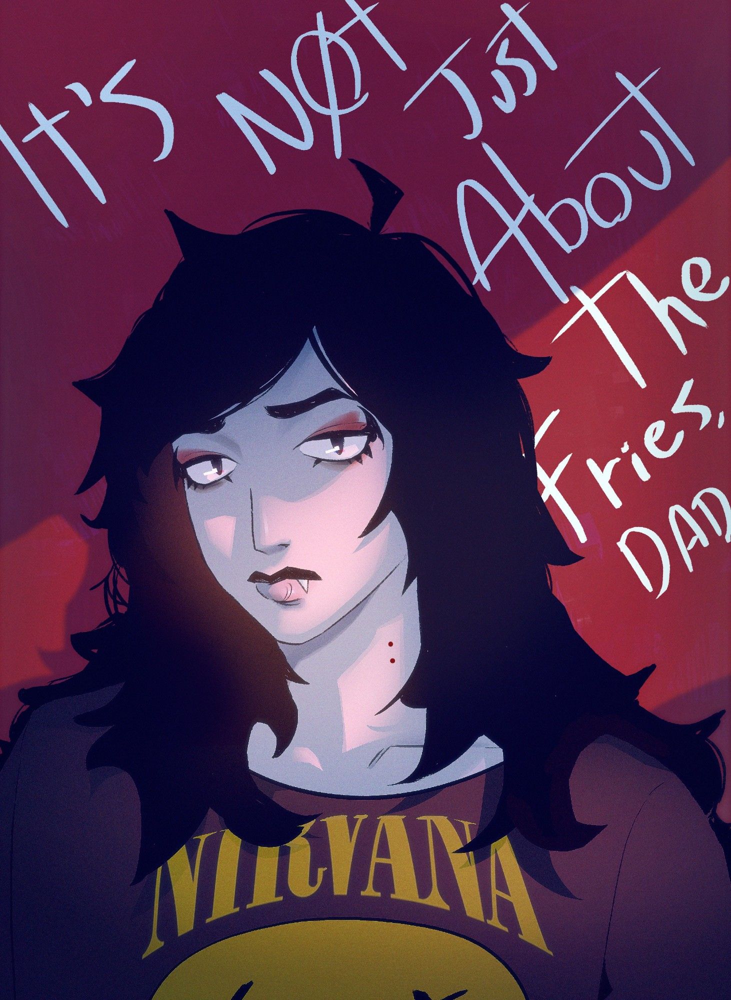 Illustration Art of Marceline from Adventure Time, sad because your dad ate your fries. The caption reads, 'You ate my fries,' capturing her iconic moment of teasing with a mix of humor and a hint of sass.