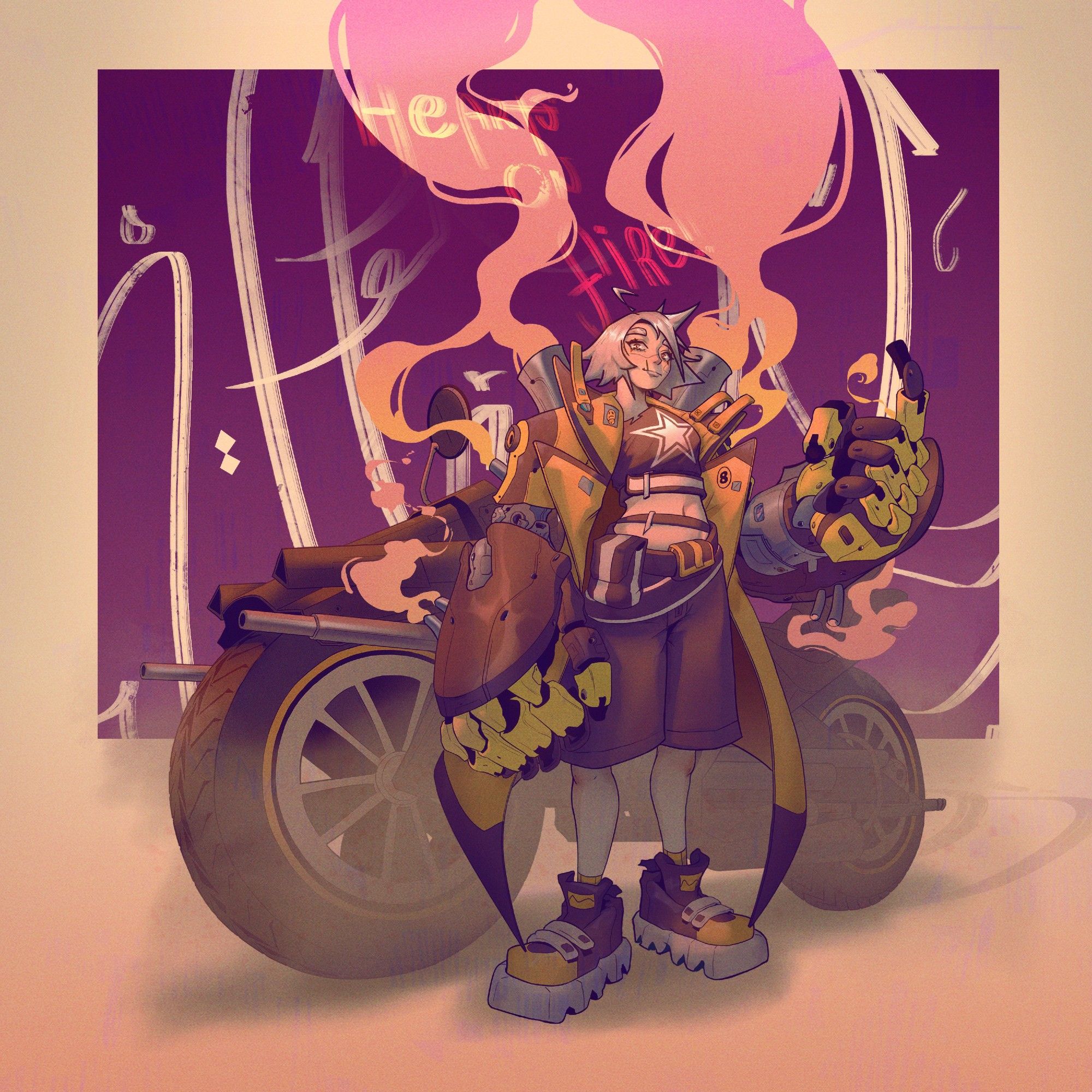 Illustration of a girl with short white hair, sporting giant mechanical hands. Steam chimneys rise from her back like old locomotives, with a sleek motorcycle parked behind her. She wears a mischievous smile, showcasing her good sense of humor and lighthearted attitude, all while her industrial look contrasts with the cool vibe of the bike.