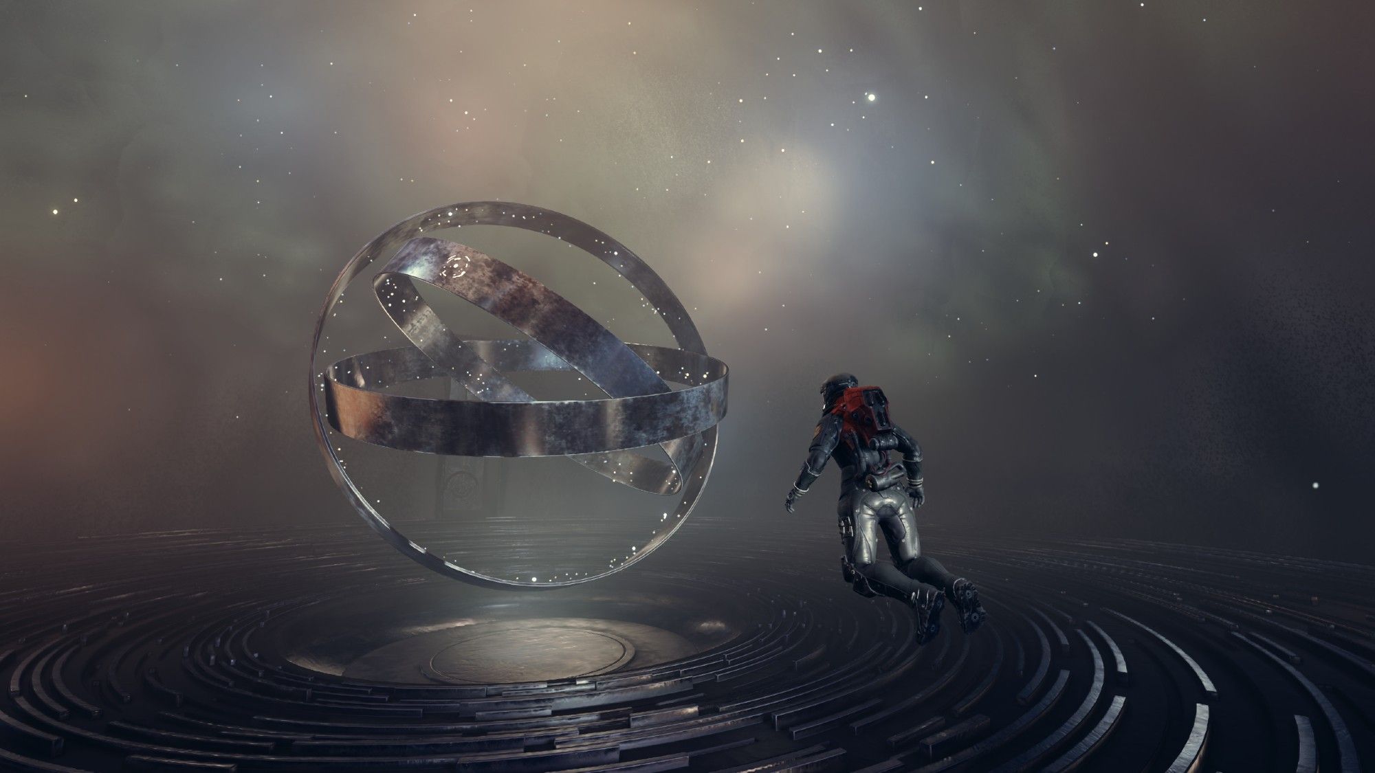 A screenshot from the video game Starfield: A character wearing a dark space suit is floating towards a sculpture of floating rings. The surrounding looks alien with what appears to be a field of stars.