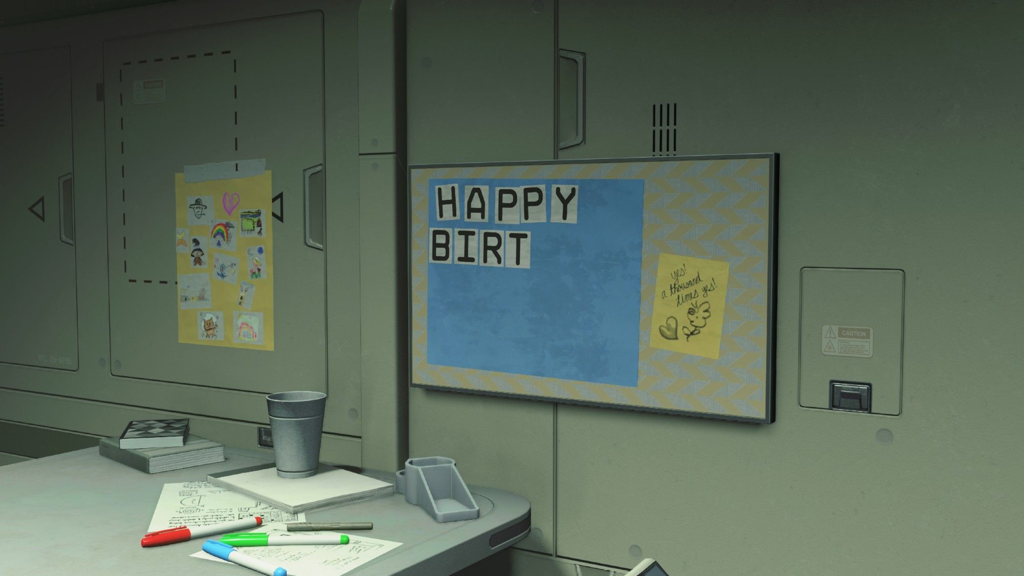 A screenshot from the video game Starfield: A sleek wall with a whiteboard. A big blue background with the following on the front "HAPPY BIRT"