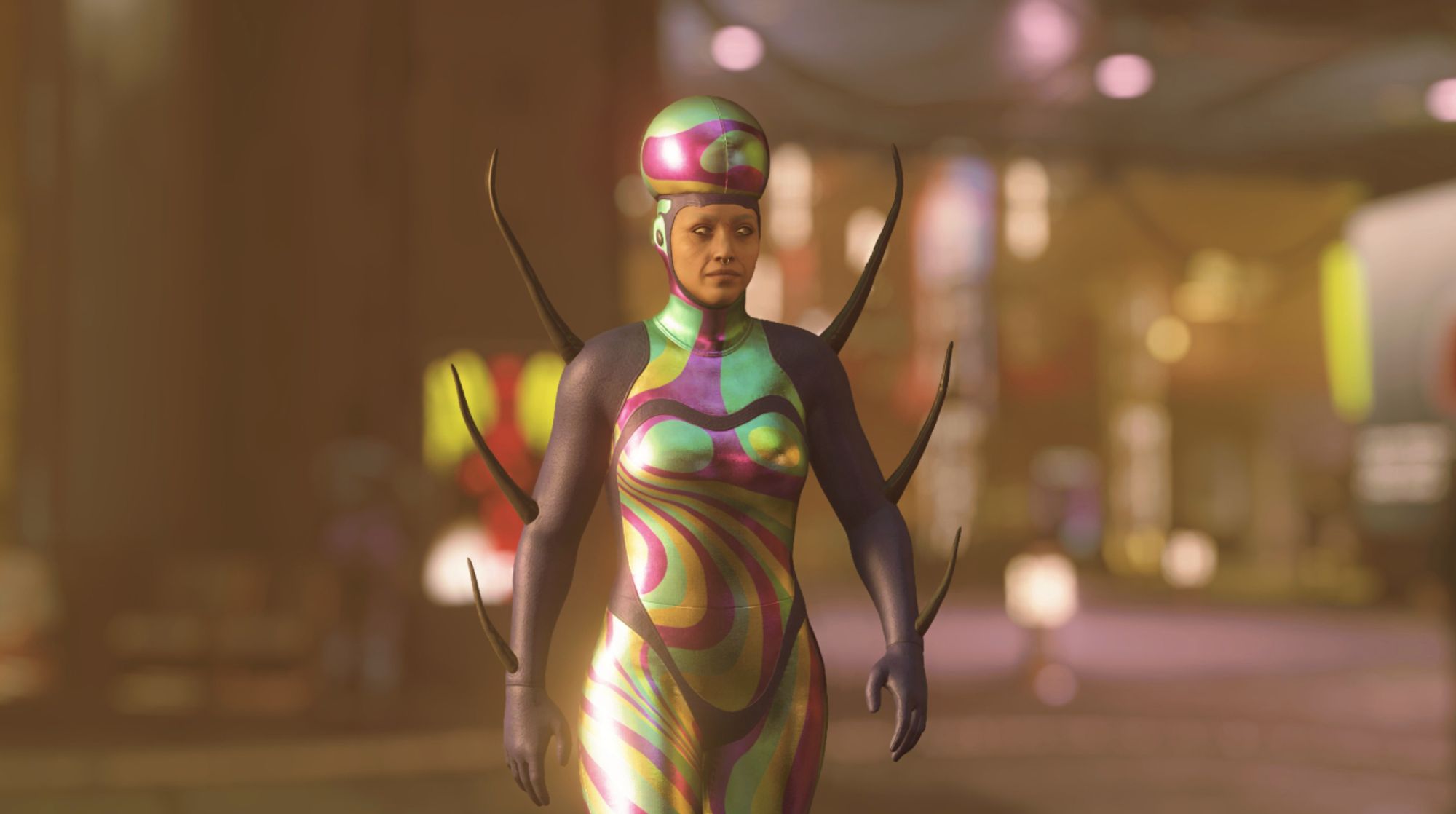 A screenshot from video game Starfield. The character is wearing an alien-like outfit. Shiny with wavy tentacles on the arms. A bulbous hat.