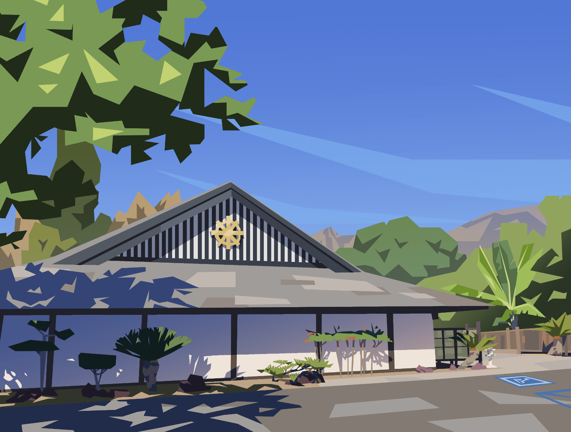 Digital painting of a Buddhist church during a clear, sunny day. The left side of the building is shaded from a tree off to the side.