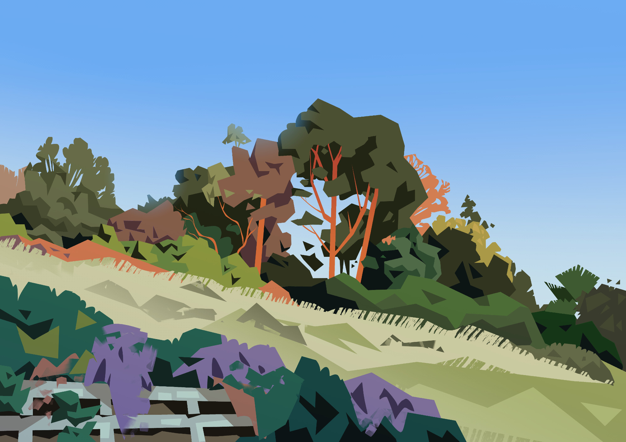 Digital painting of a hill during the late afternoon: in the foreground is a fence with dark green and purple foliage. A small grassy hill rises behind, with tall trees and bushes farther back.