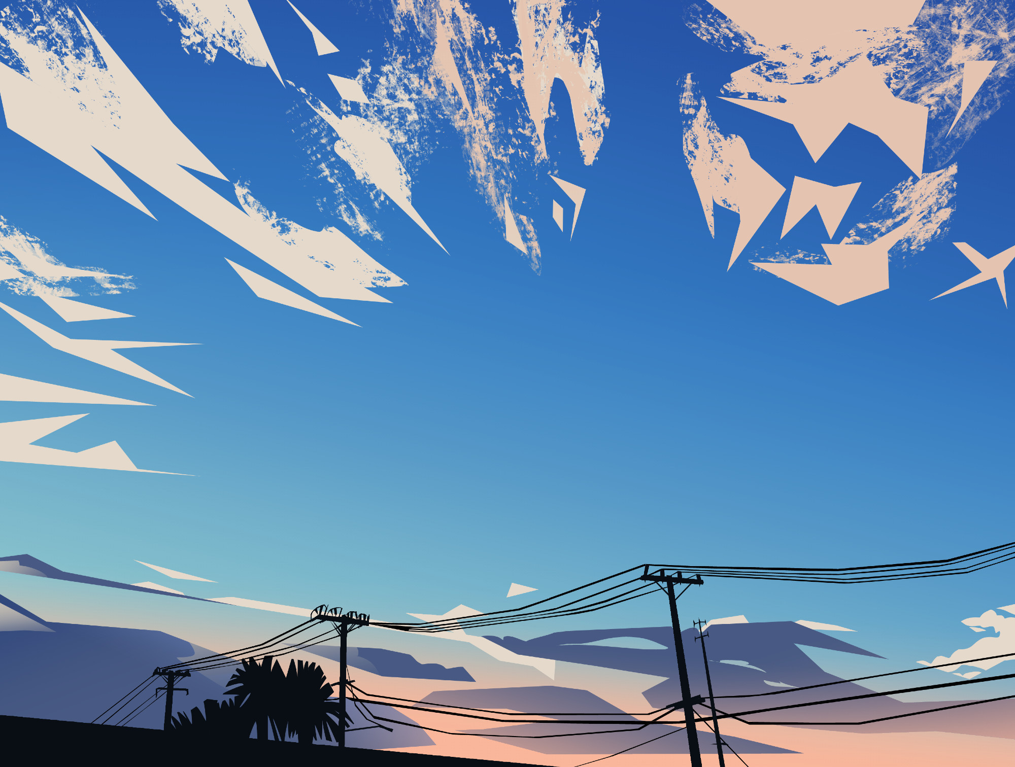 Digital painting of a sky at dusk. Most of the sky is blue, with a slight pink gradient towards the bottom where the sun sets below silhouettes of telephone poles and palm trees. Sharp, wispy clouds lay at the top. 