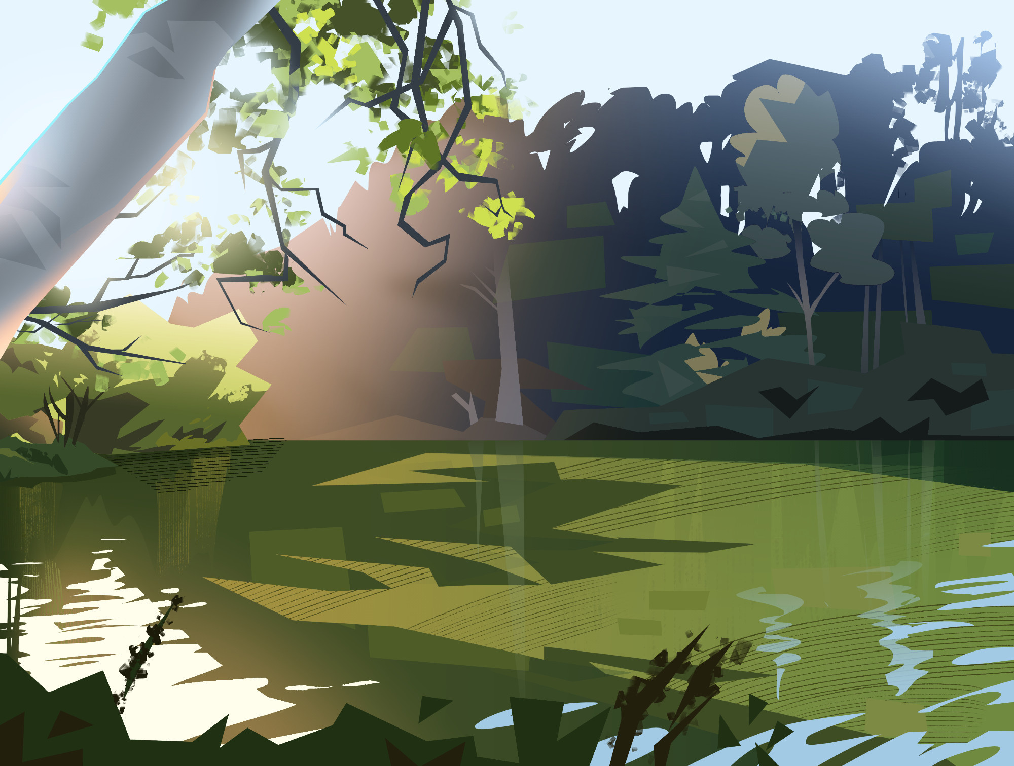 Digital painting of a green pond. The sun shines behind a tree in the foreground. Across the water are a wall of trees.