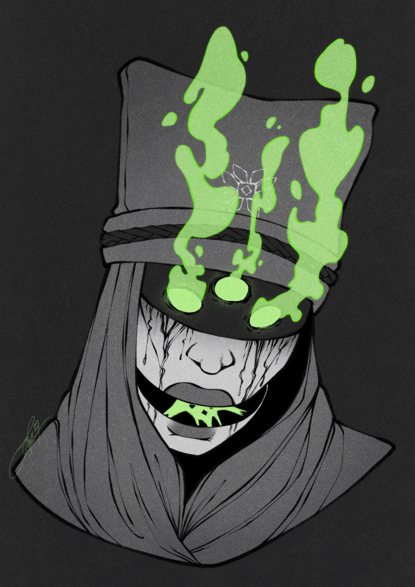 Fanart of Eris Morn from Destiny game franchise. Her face is cleanly split at the mouth horizontally. Within the gap a green symbol glows and green mist rises from her 3 eyes.