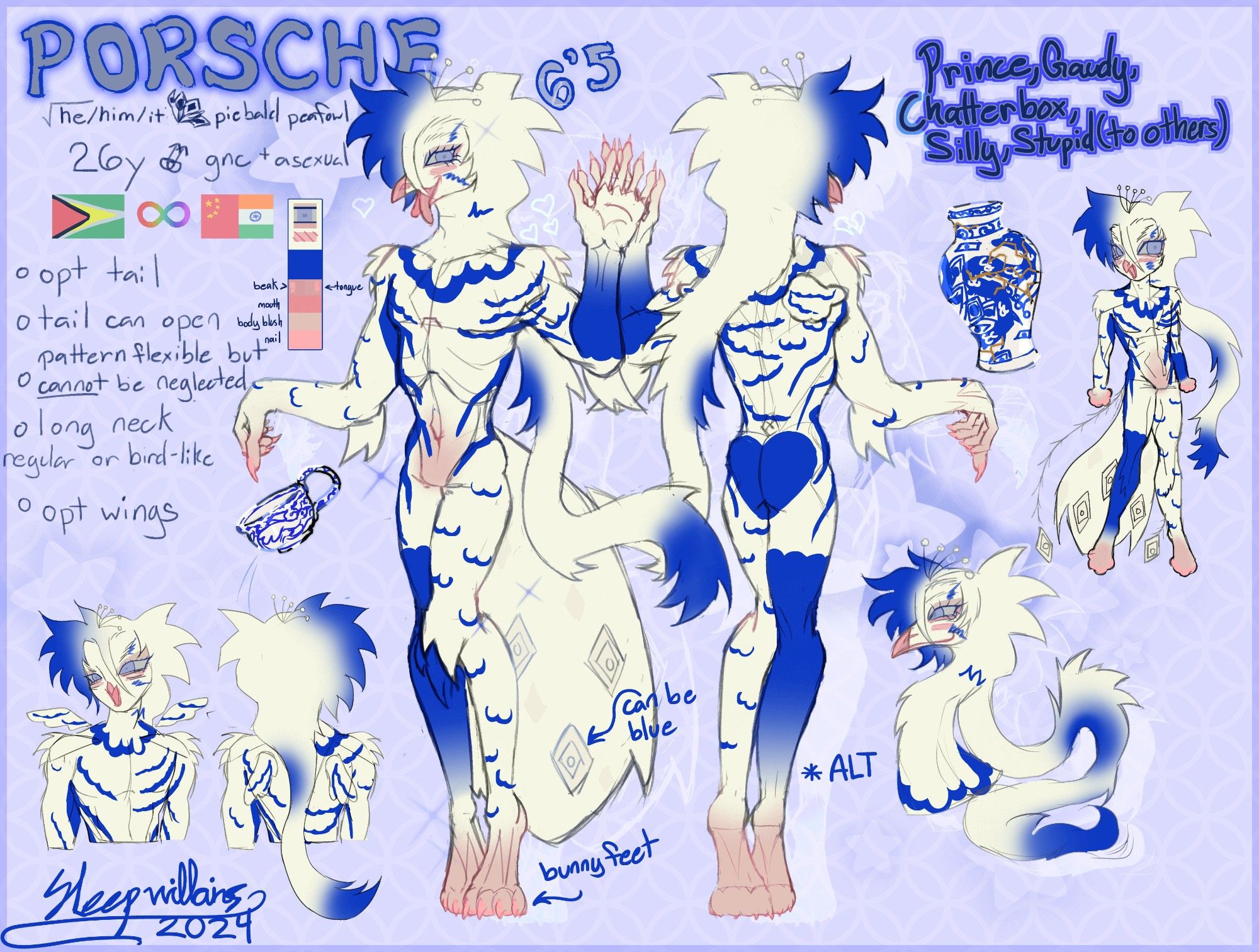 A porcelain inspired anthropomorphic peacock. He has a masculine, thin, fluffy and boney build. His body mainly white with patches, tiger stripes and squiggles of blue. He's asymmetrical in design. He posseses feminine characteristics like long colored eyelashes, long hair, neutral eye makeup and rouge.