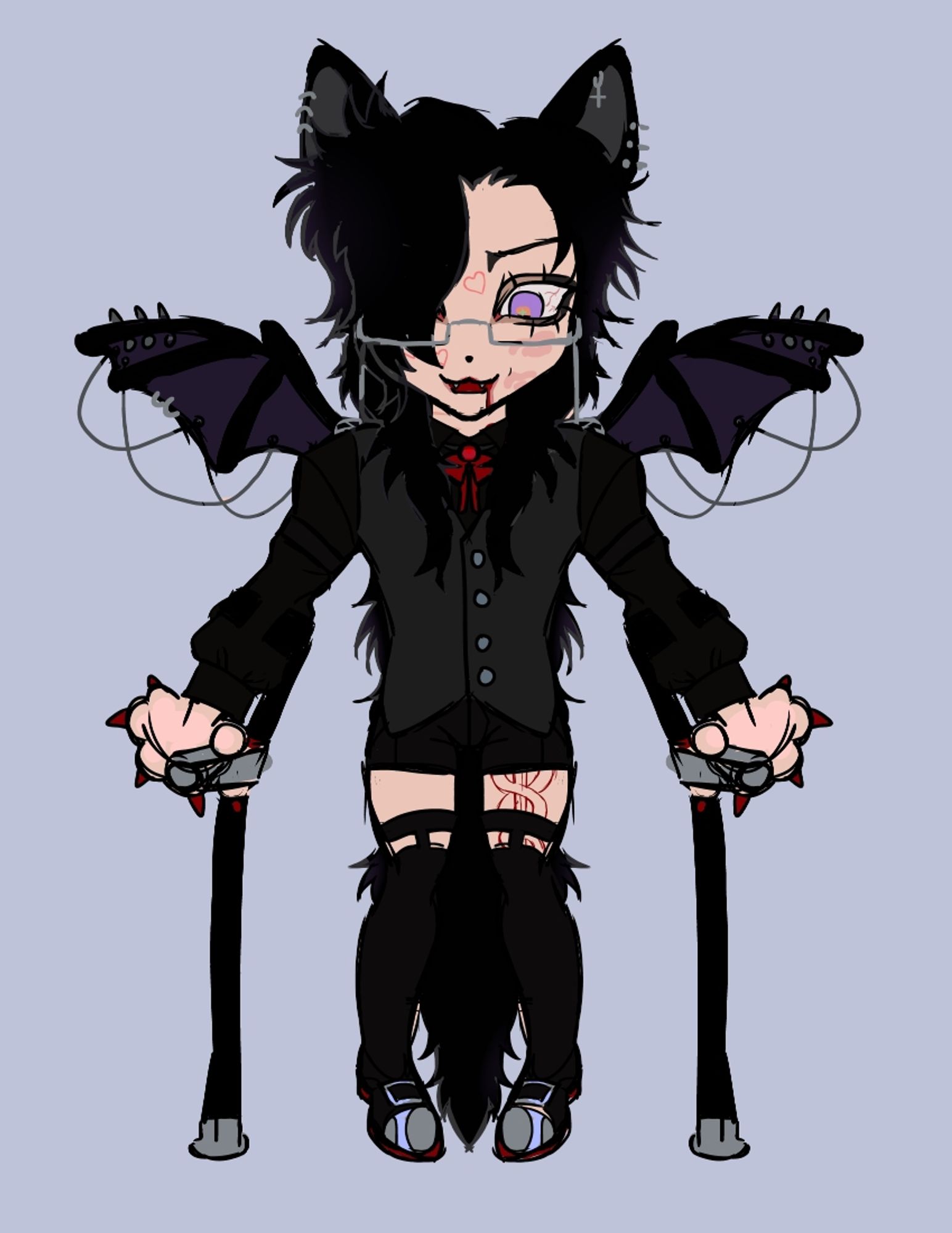 A chibi styled androgynous, masc leaning person with kemonomimi jaguar ears, bat wings and long hair. They are wearing a Victorian inspired outfit with a black blouse, a dark grey vest, a bow, juvenile shorts, knee socks with garters and metal toed red bottomed black louie vuittons. He also uses forearm crutches and has miscellaneous piercings and tattoos.