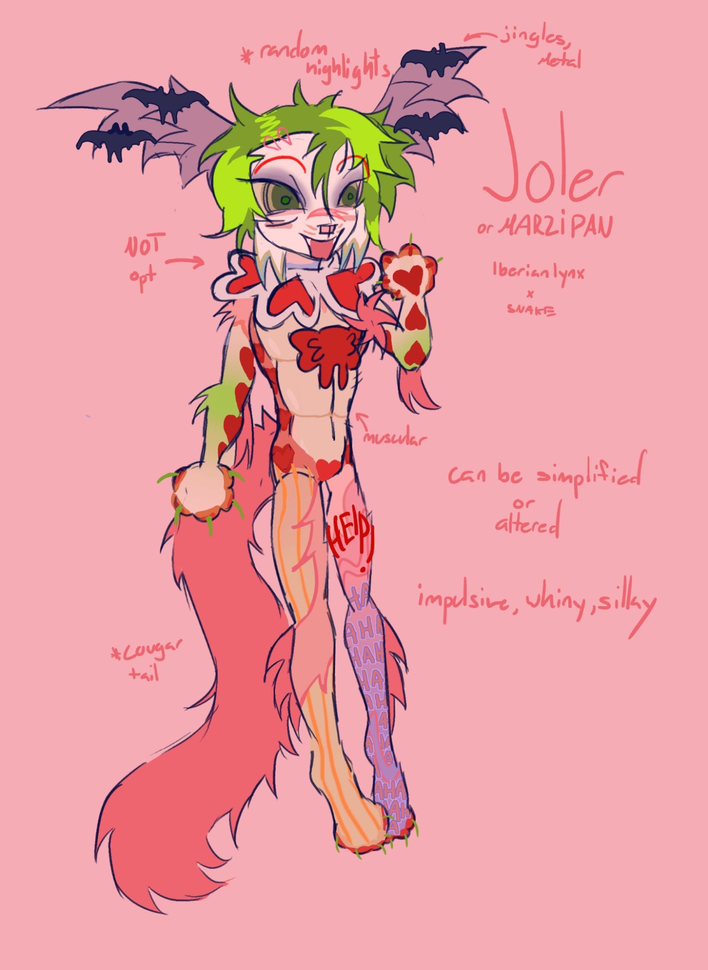 A chibi styled anthropomorphic feline based around the Iberian lynx and snakes. Big elements are big purple caracal like ears, jingling bat ear jewelry, bright lime green hair and a long fluffy cougar tail. He's clown inspired, most notably having Joker from DC elements like a bow, pink fuzzy object and "Ha Ha Ha" written up his left leg. He has a masculine build with abs, however they're enlarged scales.