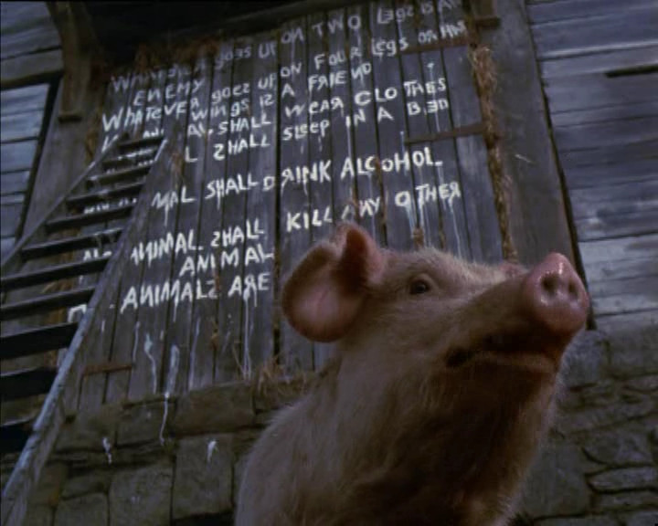 Still from Animal Farm (1999 movie), shot shows the animals' Seven Commandments crudely painted on a wall.