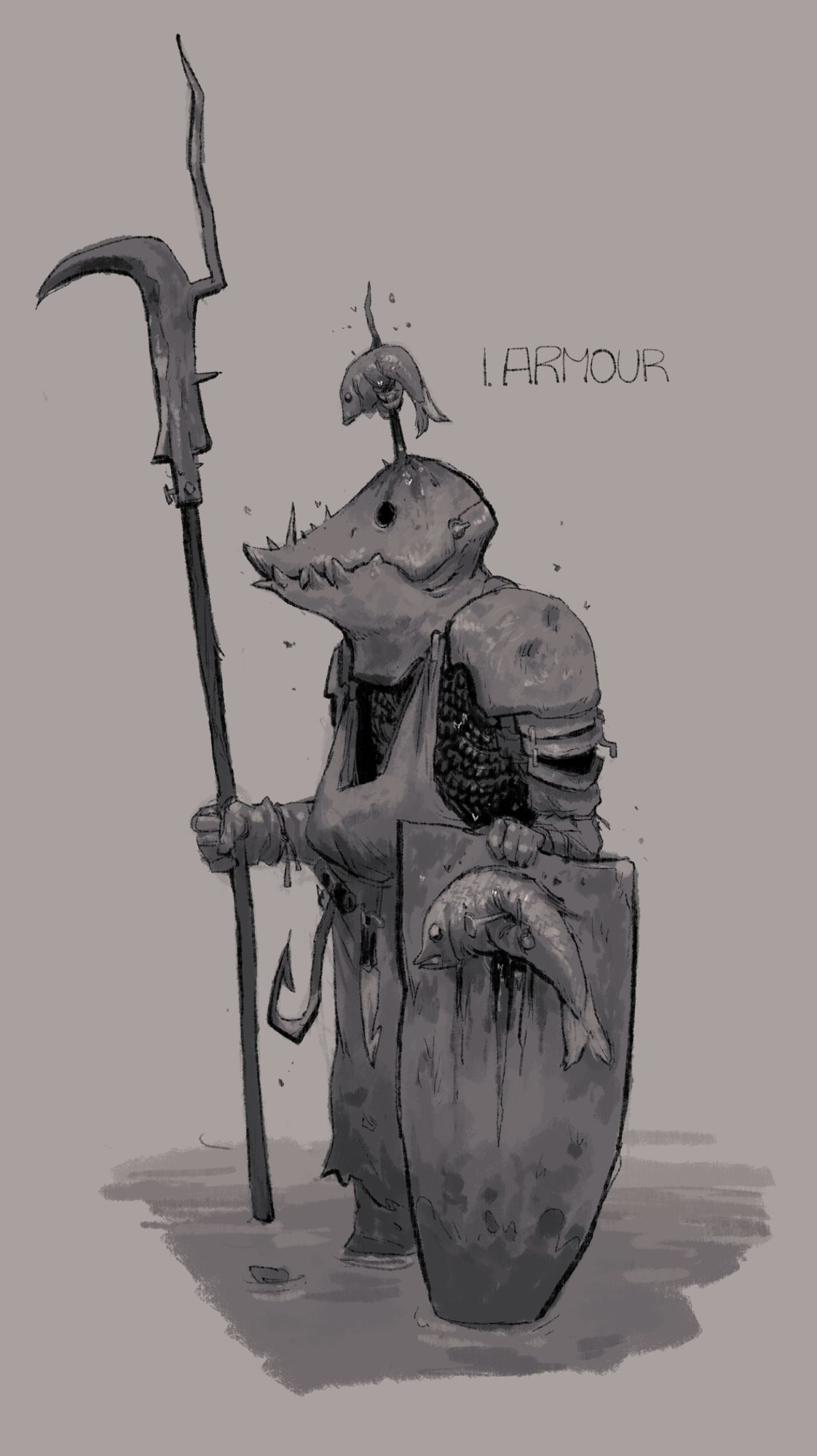 A bedraggled knight in corroded armour, chainmail, and apron stands in ankle-deep water. His spiked helmet is shaped like a grotesque fish head, and a rotting fish is impaled on a spike on the crown. He holds a billhook and shield, and another rotting fish is nailed to the shield's face.