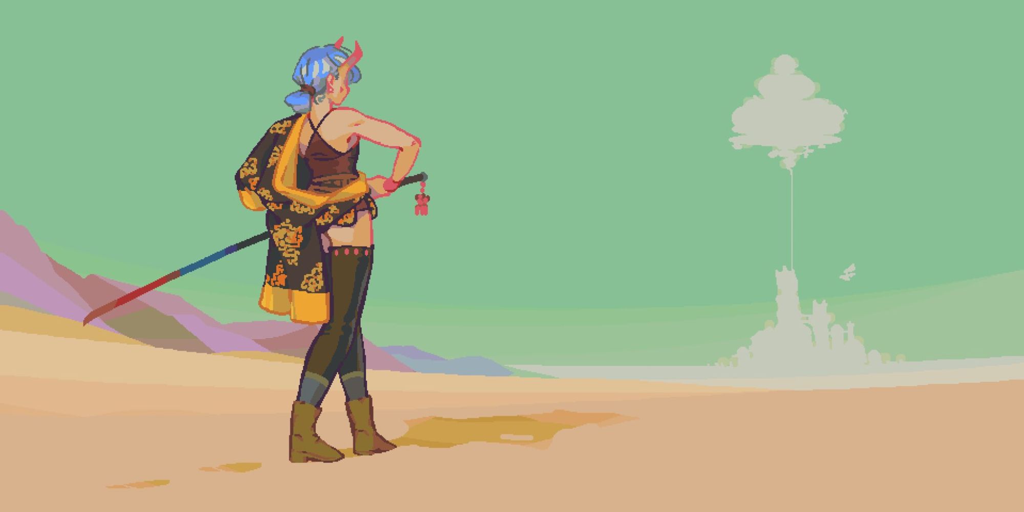 Pixel art of Dian from Ember Hearts, striding across the desert holding a very long sword, looking out at a floating citadel in the distance