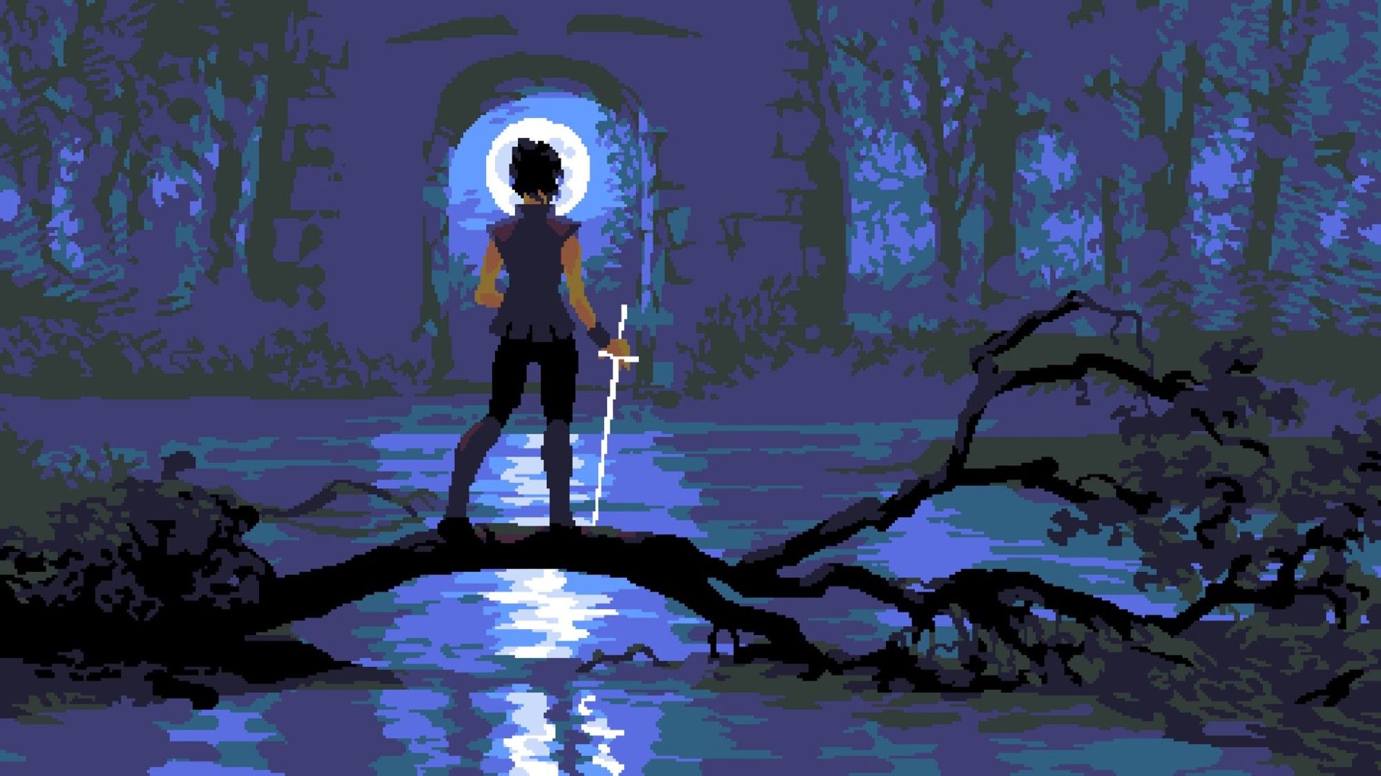 Swordtember "Moon"

Pixel art showing a figure standing on a fallen tree at the edge of a forest pond, silhouetted by the moon and holding a shimmering white sword