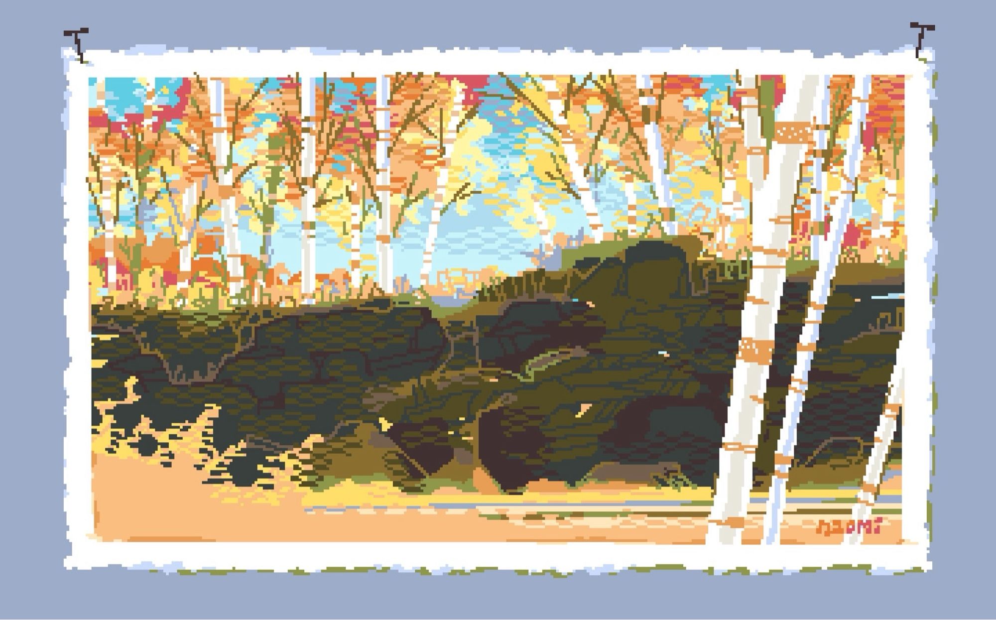 Pixel art of a stony ridge above a rail line surrounded by autumn foliage.

It is made in a style that imitates plein air watercolor studies, in pixel art.