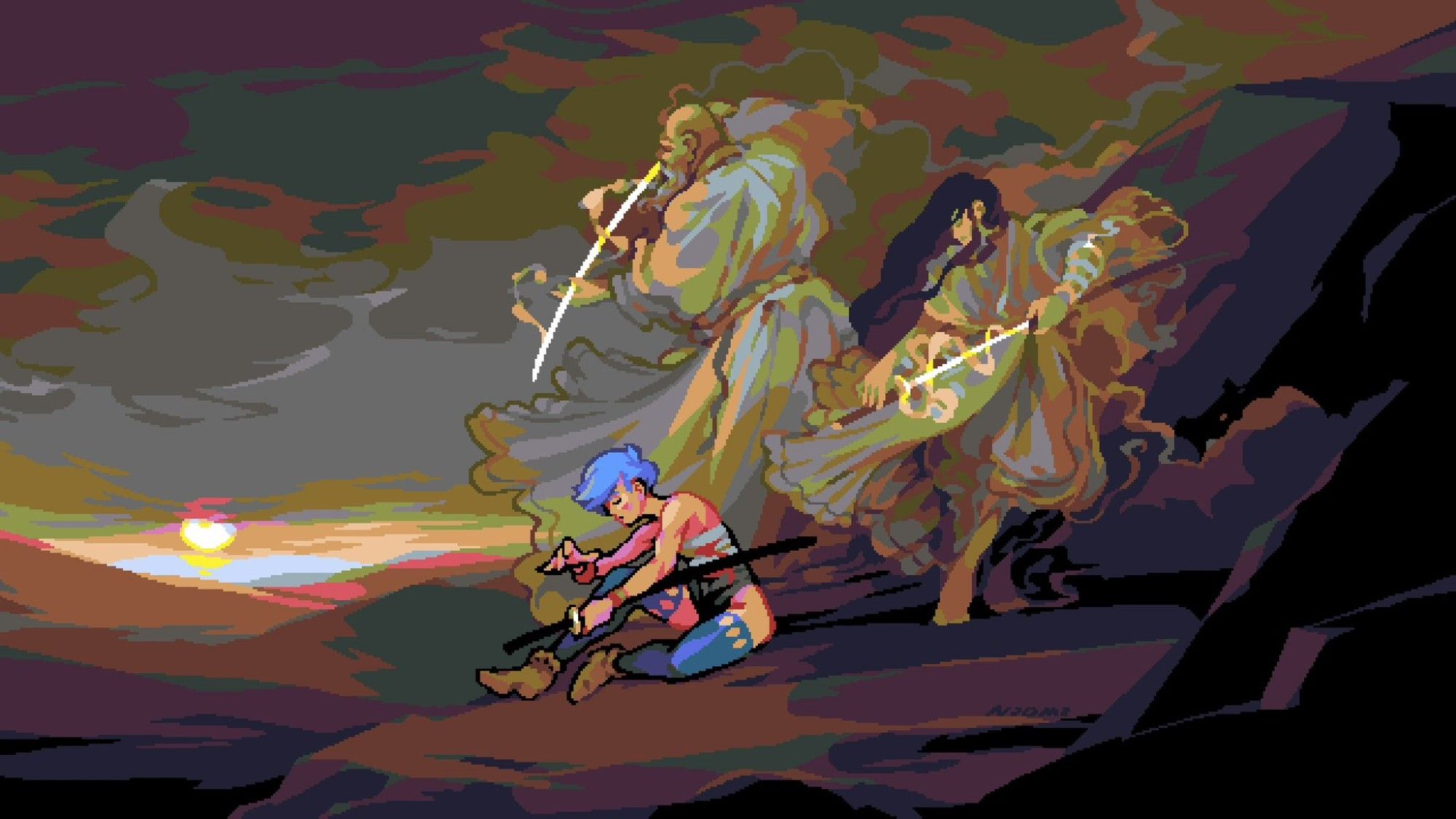 "Dian summoning the wind" - a pixel art scene from Ember Hearts in which one of the main characters, wounded on the edge of the desert, calls on two ghostly figures for help