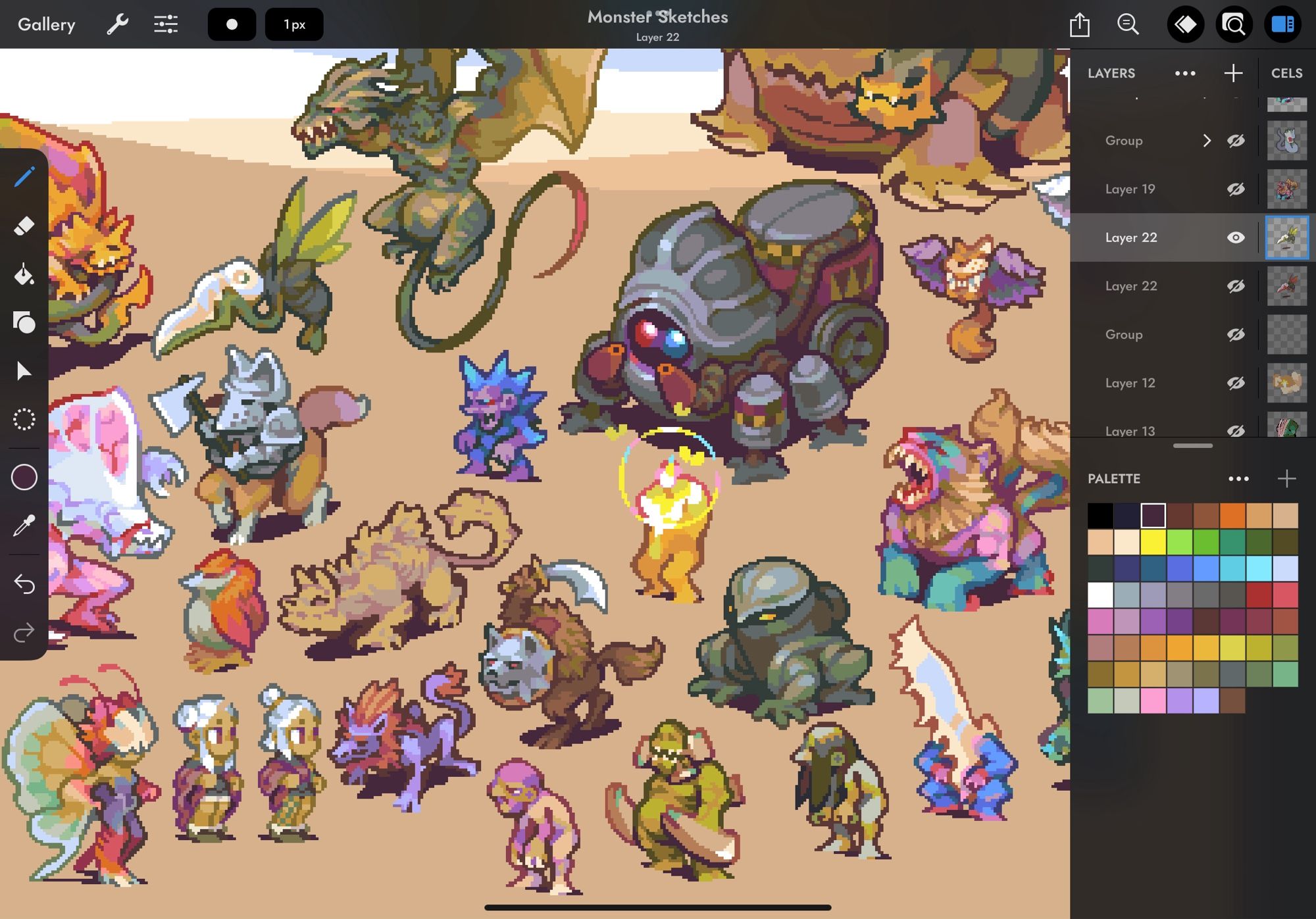 A screenshot of pixel art in Pixaki for iPad showing dozens of characters, mostly monsters, piled up on each other carelessly — which is how I tend to ideate best, before moving “the good ones” to their own files for revisions and animation