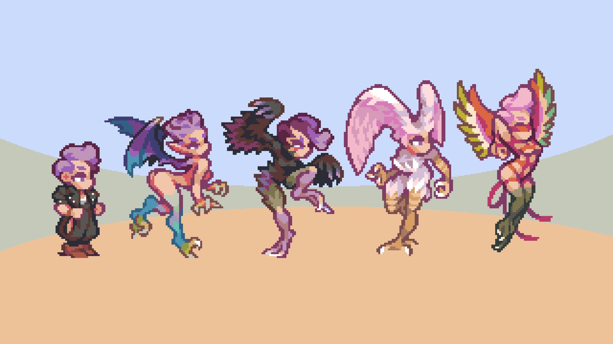 Pixel art of Prince Nier from Ember Hearts next to his four bird-like devil transformations

Azure, with raptor talons and bat wings

Ebon, with shaggy black feathers and powerful kicking legs

Argent, with white and pink feathers and large wings growing from the head

Vermillion, with orange-red wings and a body crisscrossed in red cord or ribbon

Each transformation is much taller than the human form