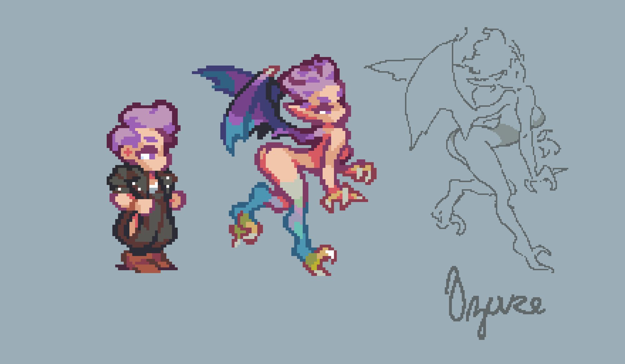 Pixel art of a sexy devil figure with wild violet hair, azure wings and raptorlike talons

Beside her is the double resolution sketch on one side and Prince Nier, her human form.