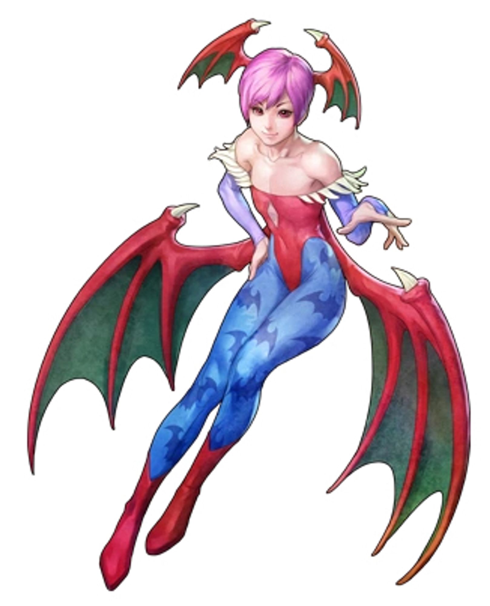 Lilith from Darkstalkers with pink hair, bat wings, blue tights and a red leotard